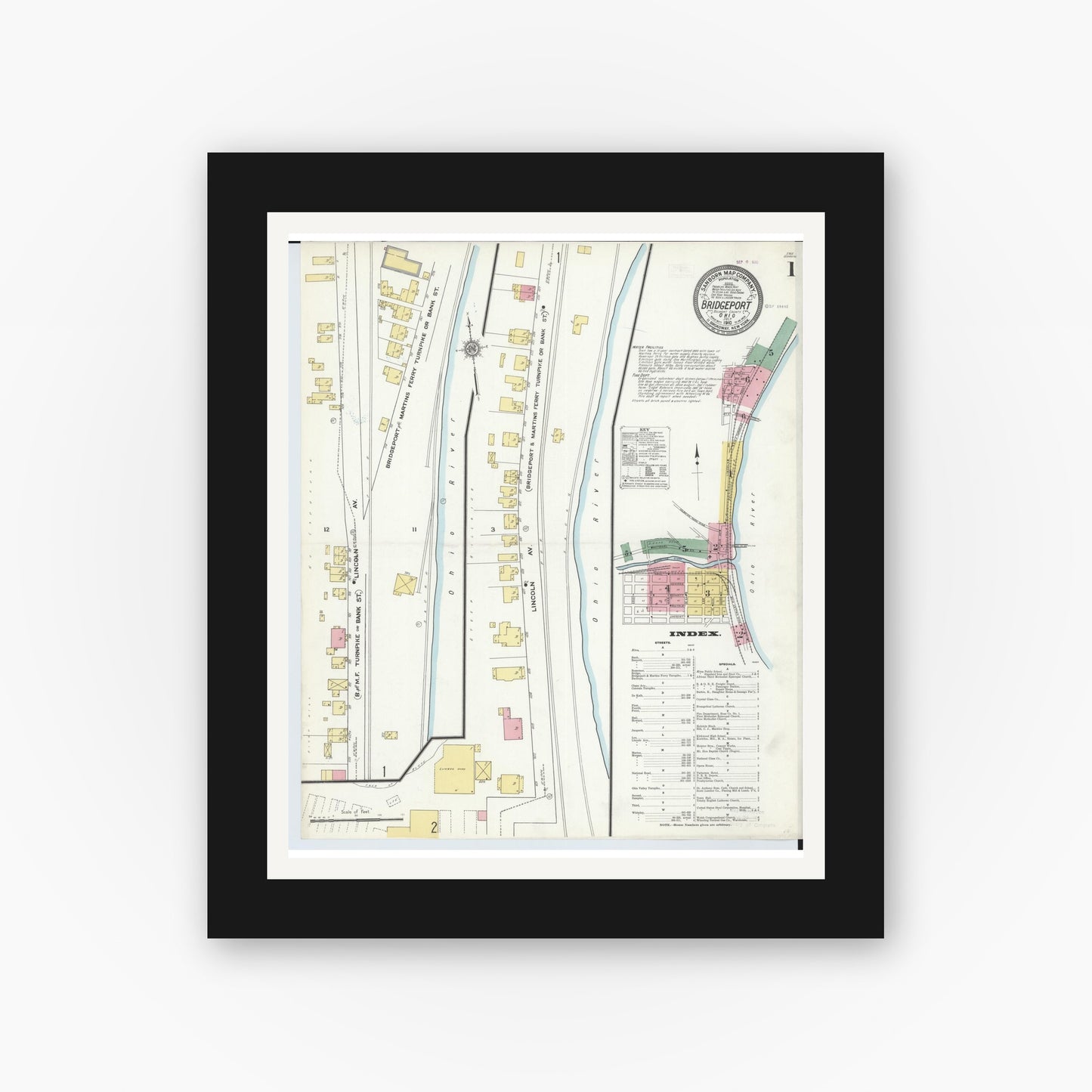 Old map wall art mockup — black gallery frame with white mat — Sanborn Fire Insurance Map from Bridgeport, Belmont County, Ohio (1910), Sheet #0001