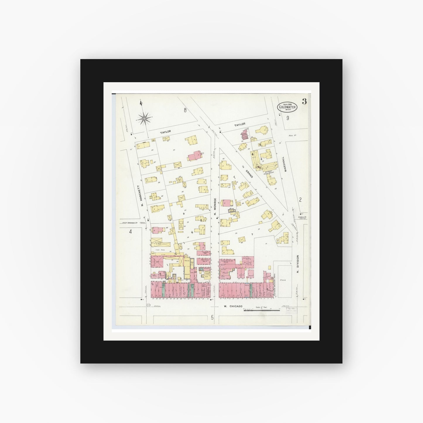 Old map wall art mockup — black gallery frame with white mat — Sanborn Fire Insurance Map from Coldwater, Branch County, Michigan (1908), Sheet #0003