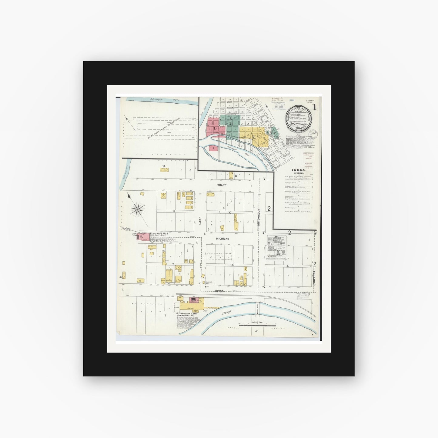 Old map wall art mockup β black gallery frame with white mat β Sanborn Fire Insurance Map from Ontonagon, Ontonagon County, Michigan (1900) - Complete Map Set