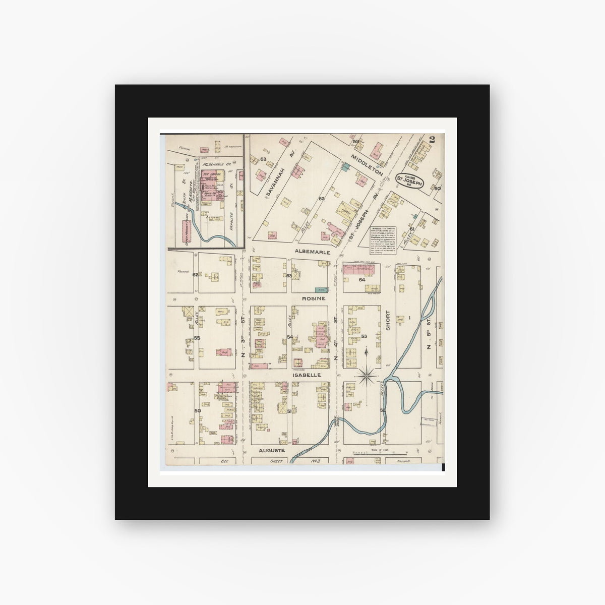 Old map wall art mockup β black gallery frame with white mat β Sanborn Fire Insurance Map from Saint Joseph, Buchanan County, Missouri (1883), Sheet #0002