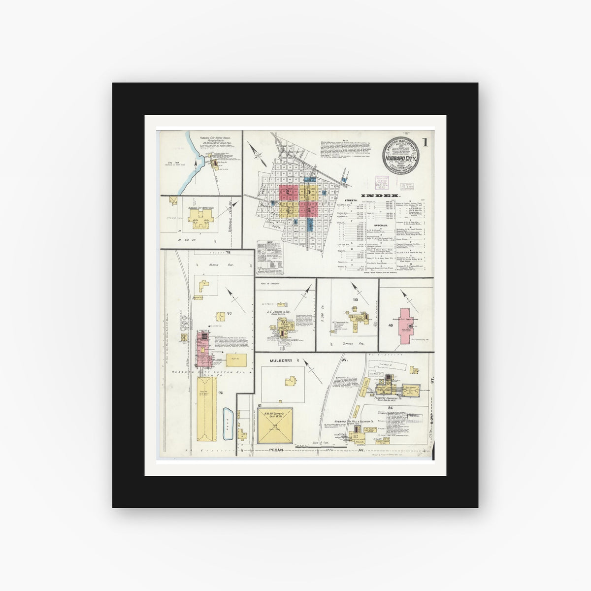 Old map wall art mockup — black gallery frame with white mat — Sanborn Fire Insurance Map from Hubbard, Hill County, Texas (1904) - Complete Map Set