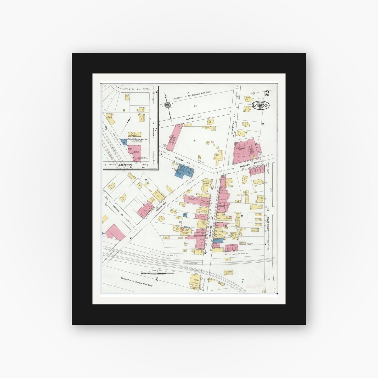 Old map wall art mockup — black gallery frame with white mat — Sanborn Fire Insurance Map from Lynbrook, Nassau County, New York (1919), Sheet #0002