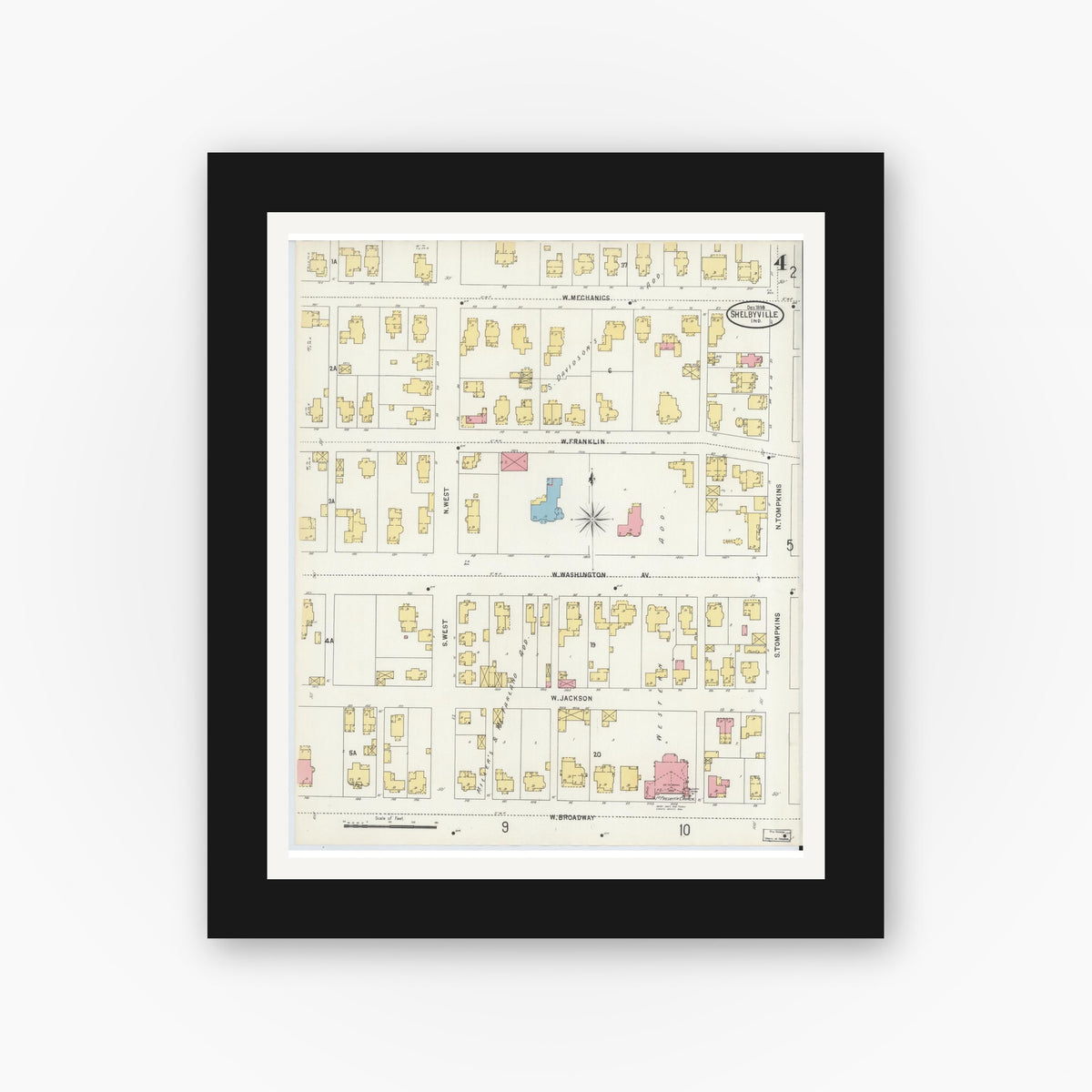 Old map wall art mockup — black gallery frame with white mat — Sanborn Fire Insurance Map from Shelbyville, Shelby County, Indiana (1898), Sheet #0004