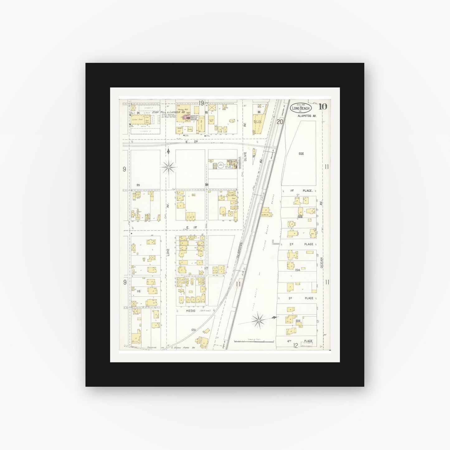 Old map wall art mockup — black gallery frame with white mat — Sanborn Fire Insurance Map from Long Beach, Los Angeles County, California (1905), Sheet #0010