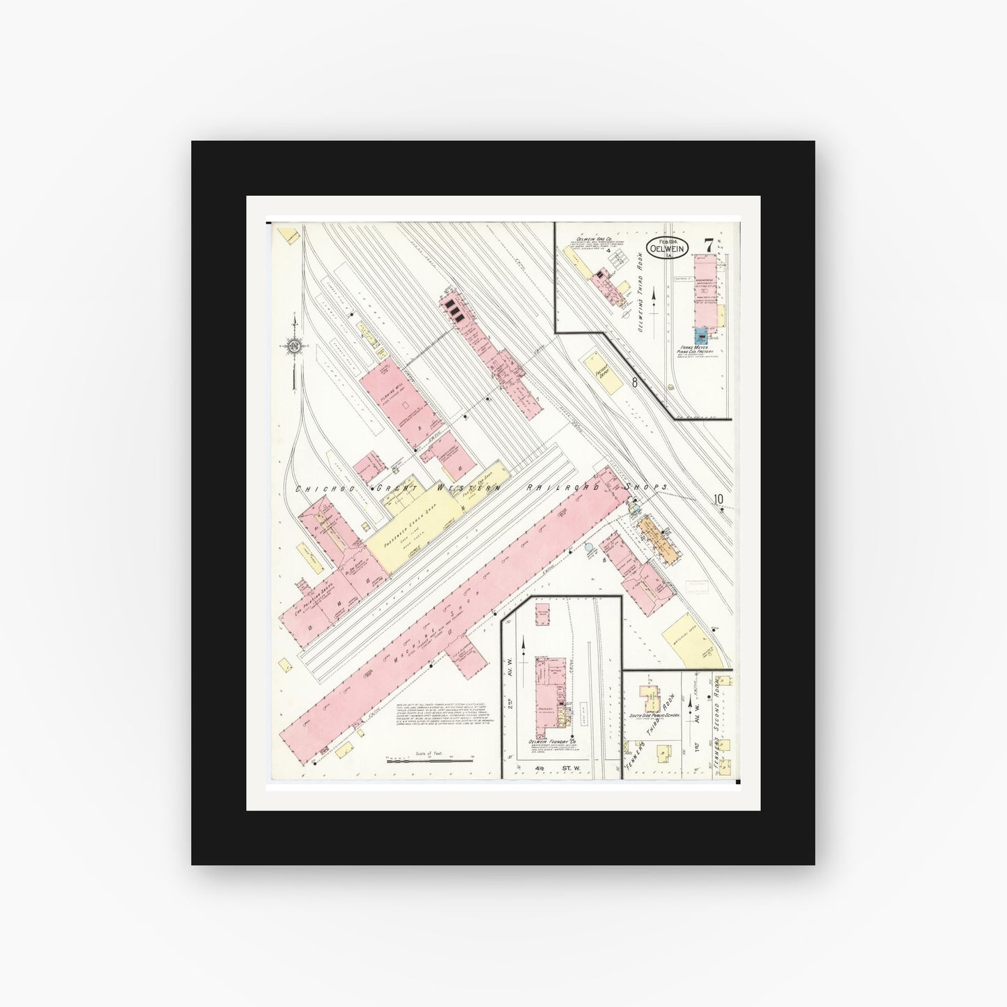 Old map wall art mockup — black gallery frame with white mat — Sanborn Fire Insurance Map from Oelwein, Fayette County, Iowa (1914), Sheet #0007