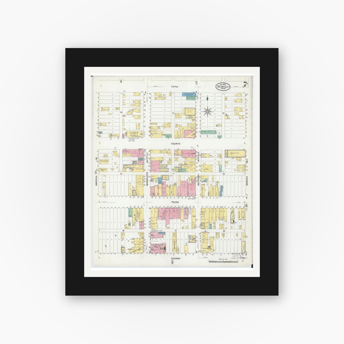 Old map wall art mockup — black gallery frame with white mat — Sanborn Fire Insurance Map from Bemidji, Beltrami County, Minnesota (1909), Sheet #0007