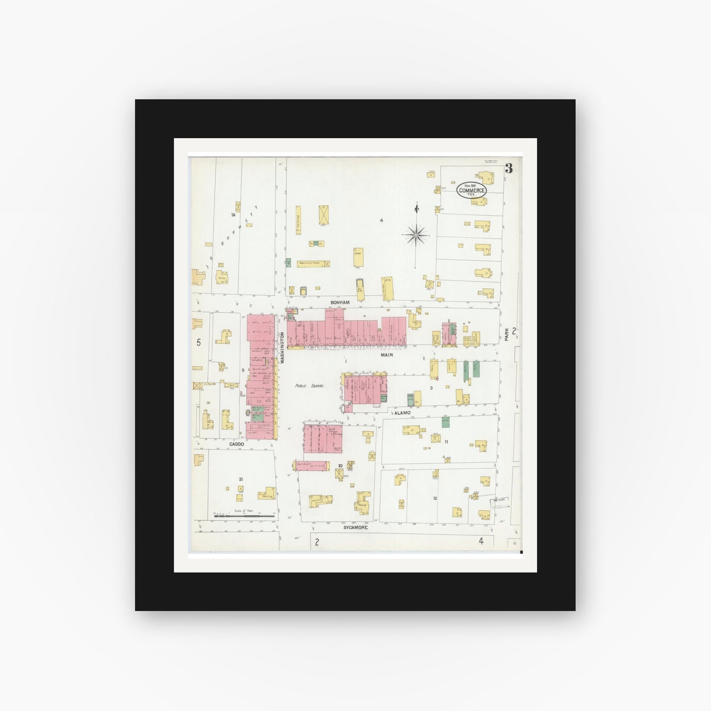 Old map wall art mockup — black gallery frame with white mat — Sanborn Fire Insurance Map from Commerce, Hunt County, Texas (1901), Sheet #0003