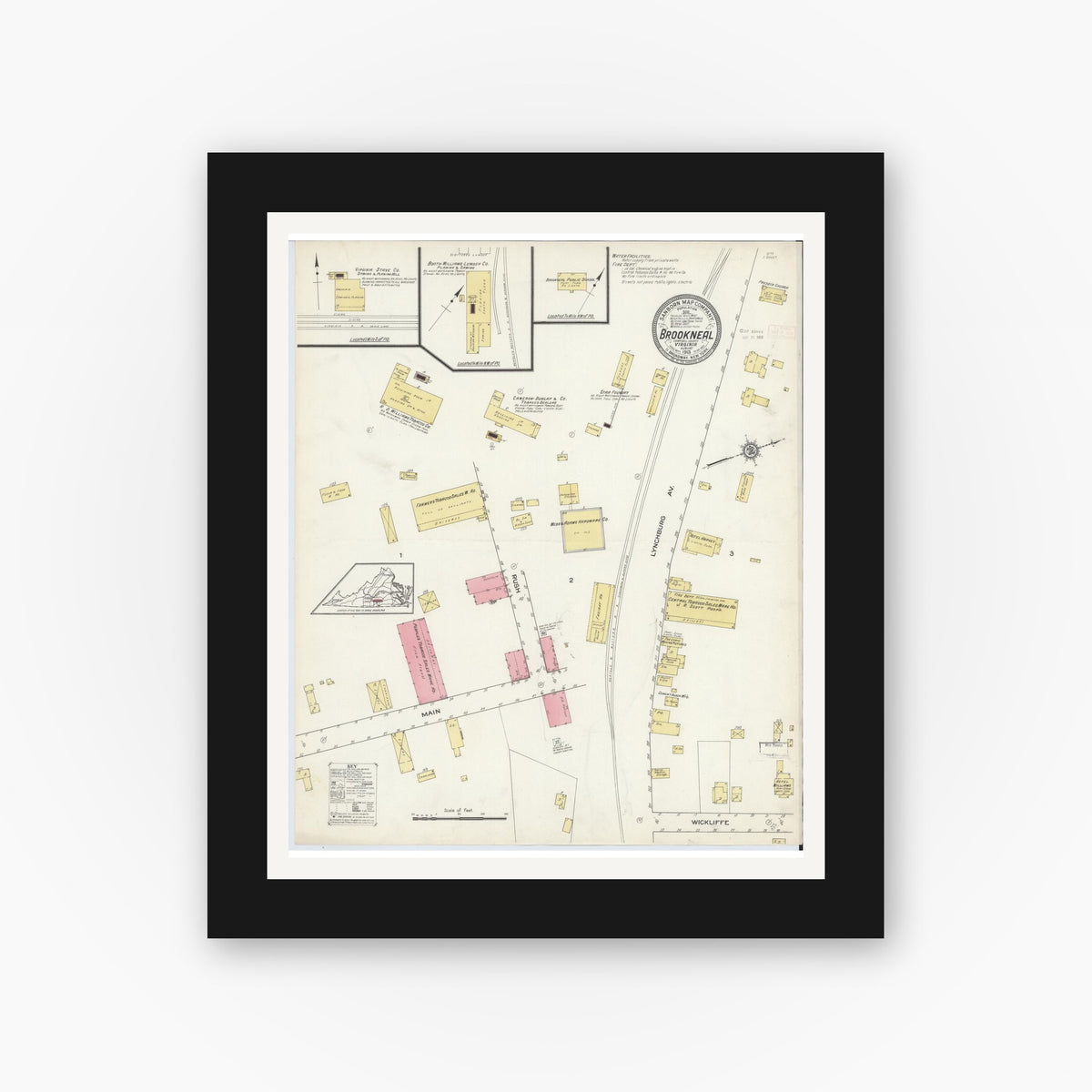 Old map wall art mockup — black gallery frame with white mat — Sanborn Fire Insurance Map from Brookneal, Campbell County, Virginia (1913), Sheet #0001