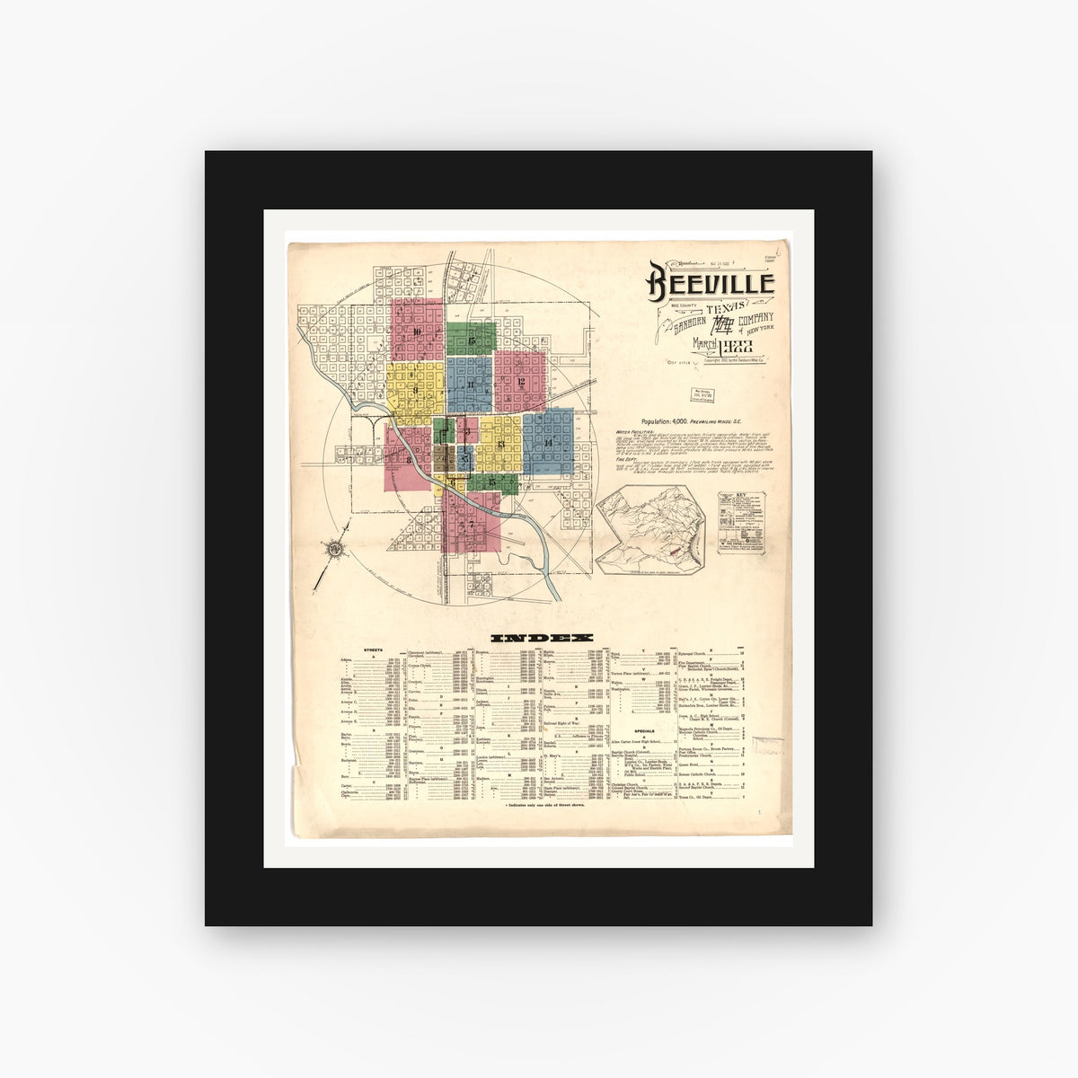 Old map wall art mockup — black gallery frame with white mat — Sanborn Fire Insurance Map from Beeville, Bee County, Texas (1922), Sheet #0001