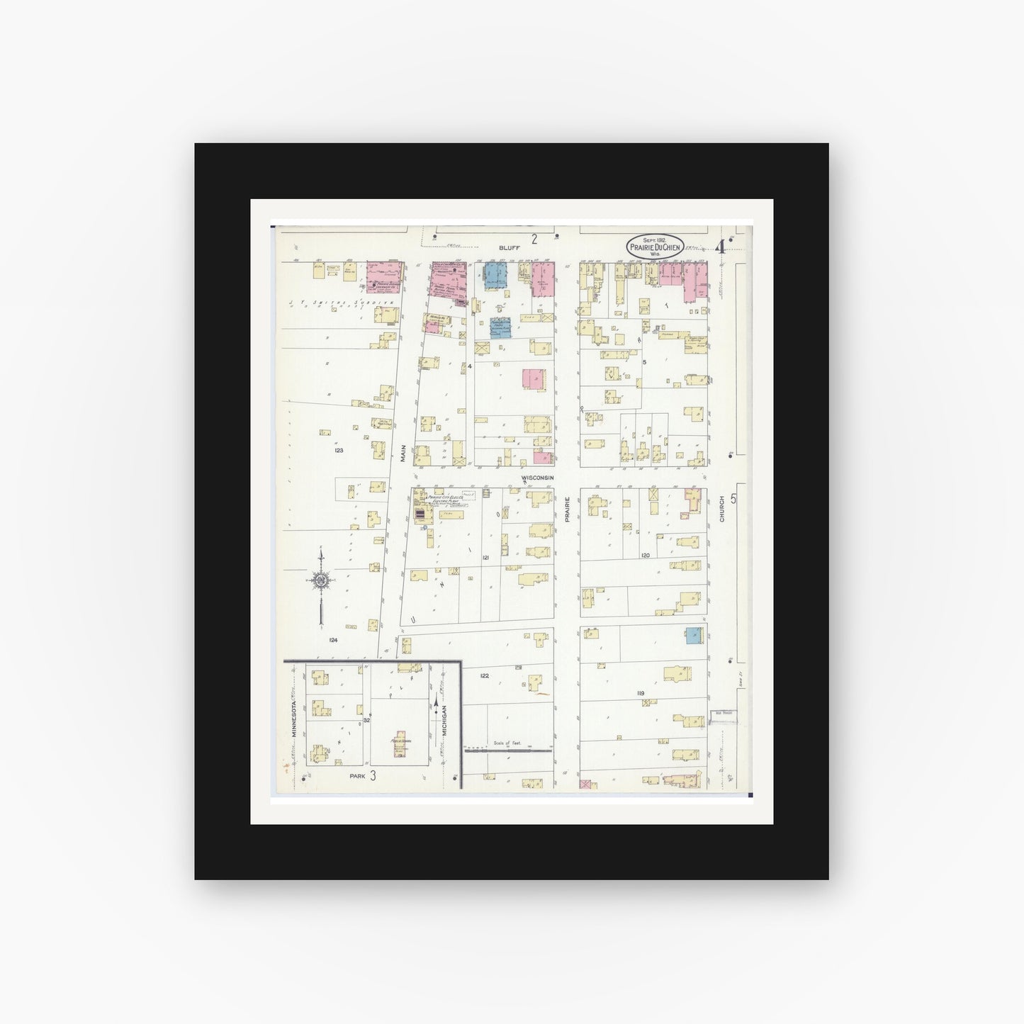 Old map wall art mockup — black gallery frame with white mat — Sanborn Fire Insurance Map from Prairie du Chien, Crawford County, Wisconsin (1912), Sheet #0004