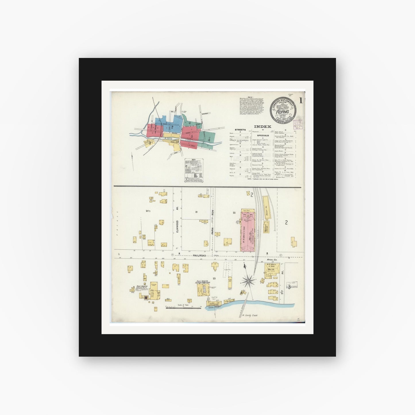 Old map wall art mockup — black gallery frame with white mat — Sanborn Fire Insurance Map from Adams, Jefferson County, New York (1906) - Complete Map Set