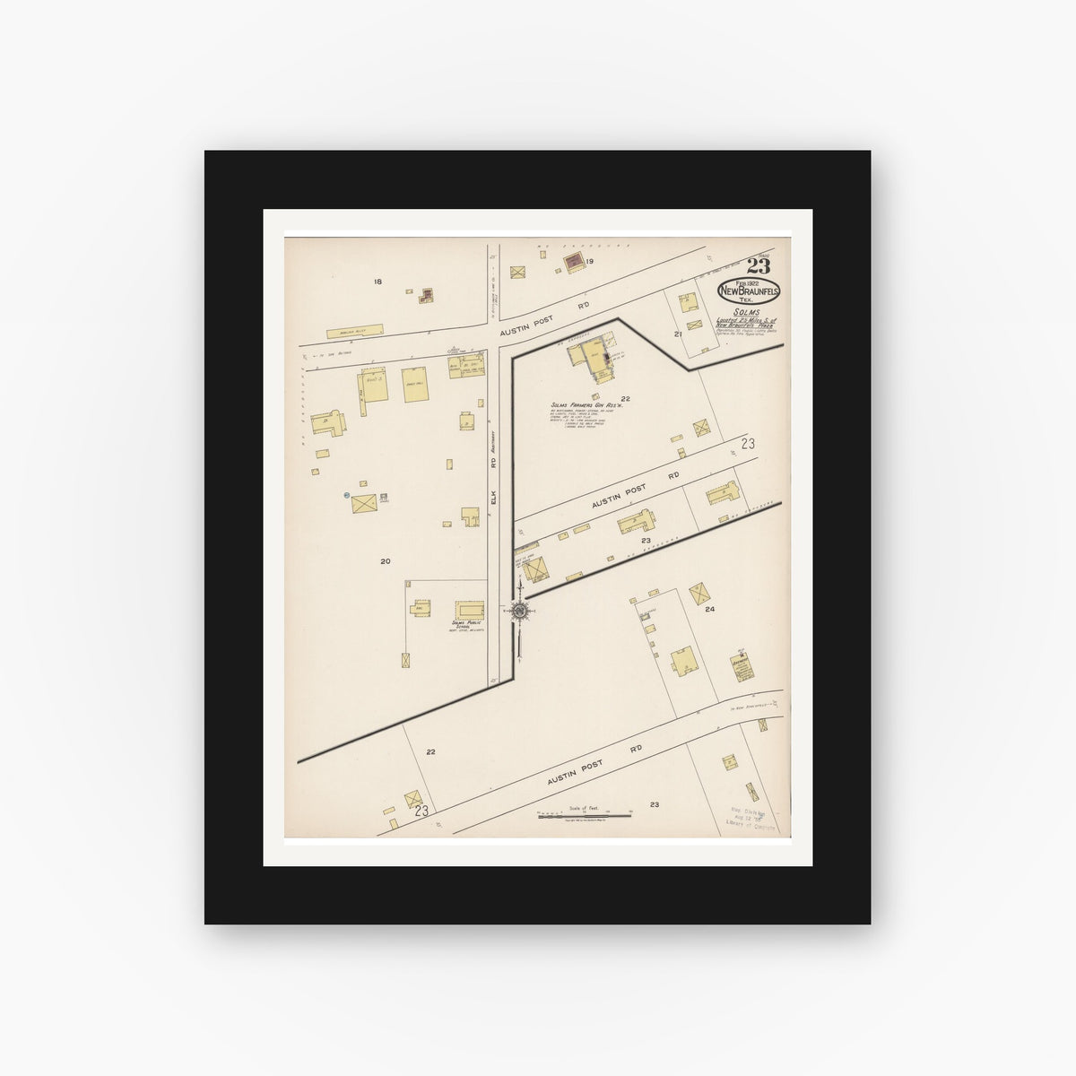 Old map wall art mockup — black gallery frame with white mat — Sanborn Fire Insurance Map from New Braunfels, Comal County, Texas (1922), Sheet #0023