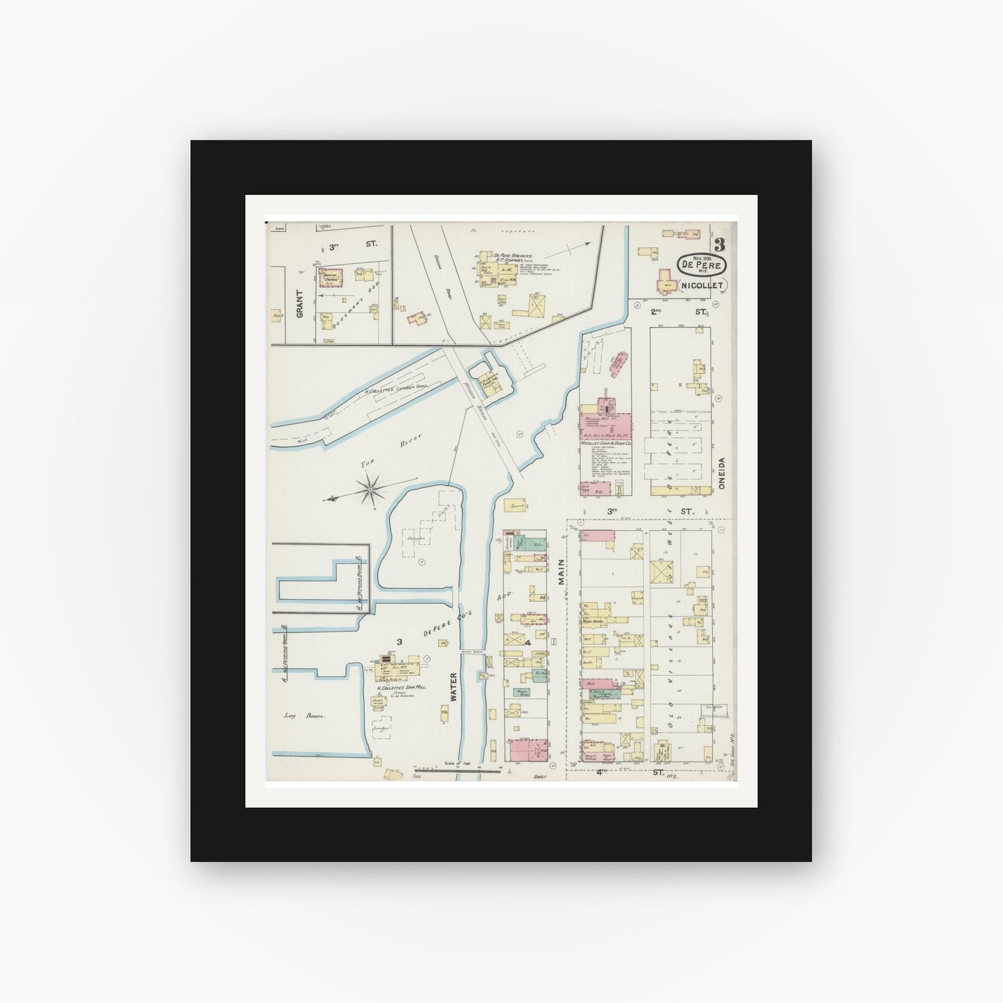 Old map wall art mockup — black gallery frame with white mat — Sanborn Fire Insurance Map from De Pere, Brown County, Wisconsin (1890), Sheet #0003