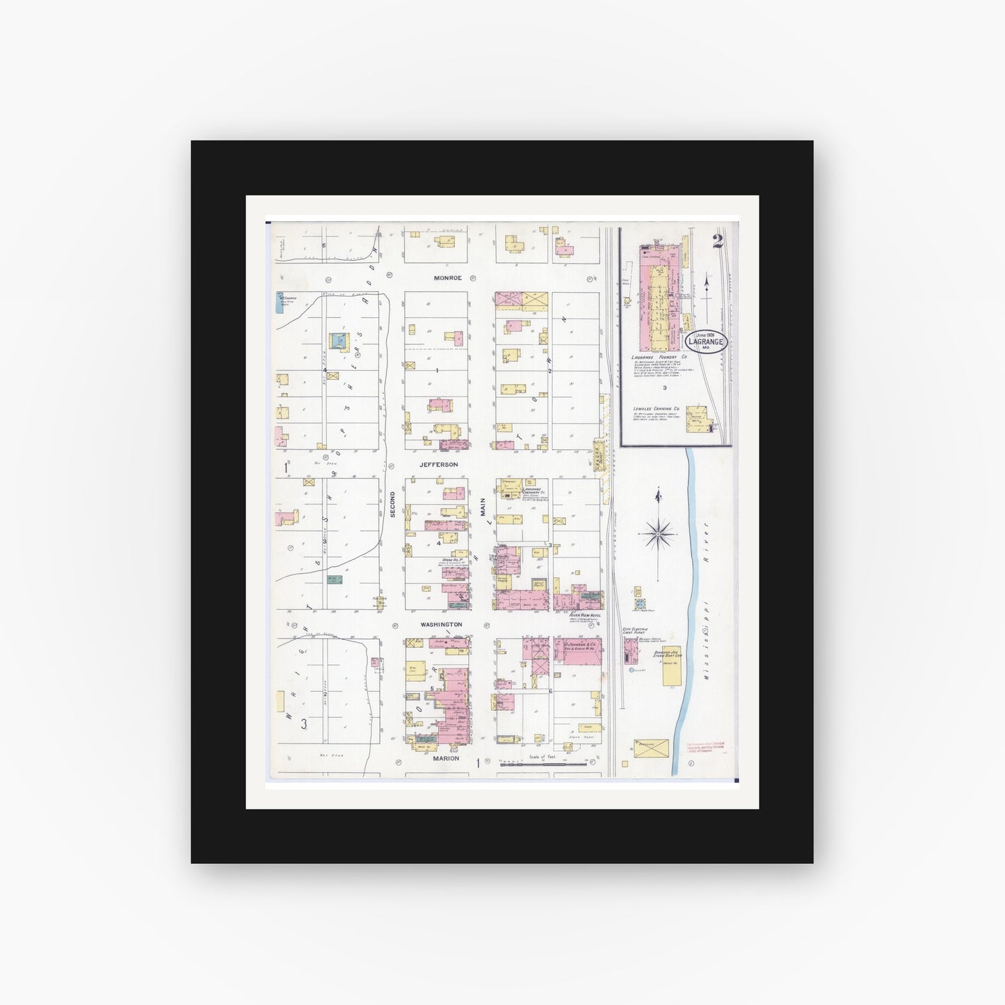 Old map wall art mockup — black gallery frame with white mat — Sanborn Fire Insurance Map from La Grange, Lewis County, Missouri (1909), Sheet #0002