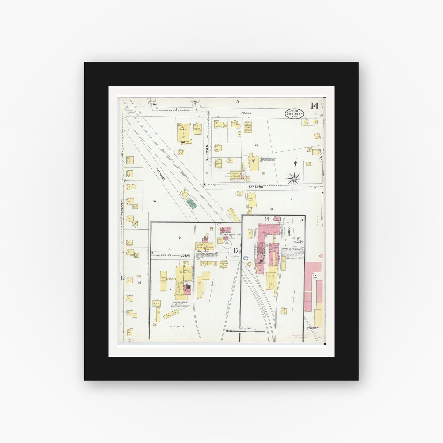 Old map wall art mockup — black gallery frame with white mat — Sanborn Fire Insurance Map from Gardner, Worcester County, Massachusetts (1905), Sheet #0014
