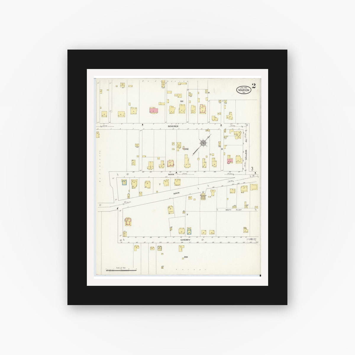 Old map wall art mockup — black gallery frame with white mat — Sanborn Fire Insurance Map from Marion, Smyth County, Virginia (1913), Sheet #0002