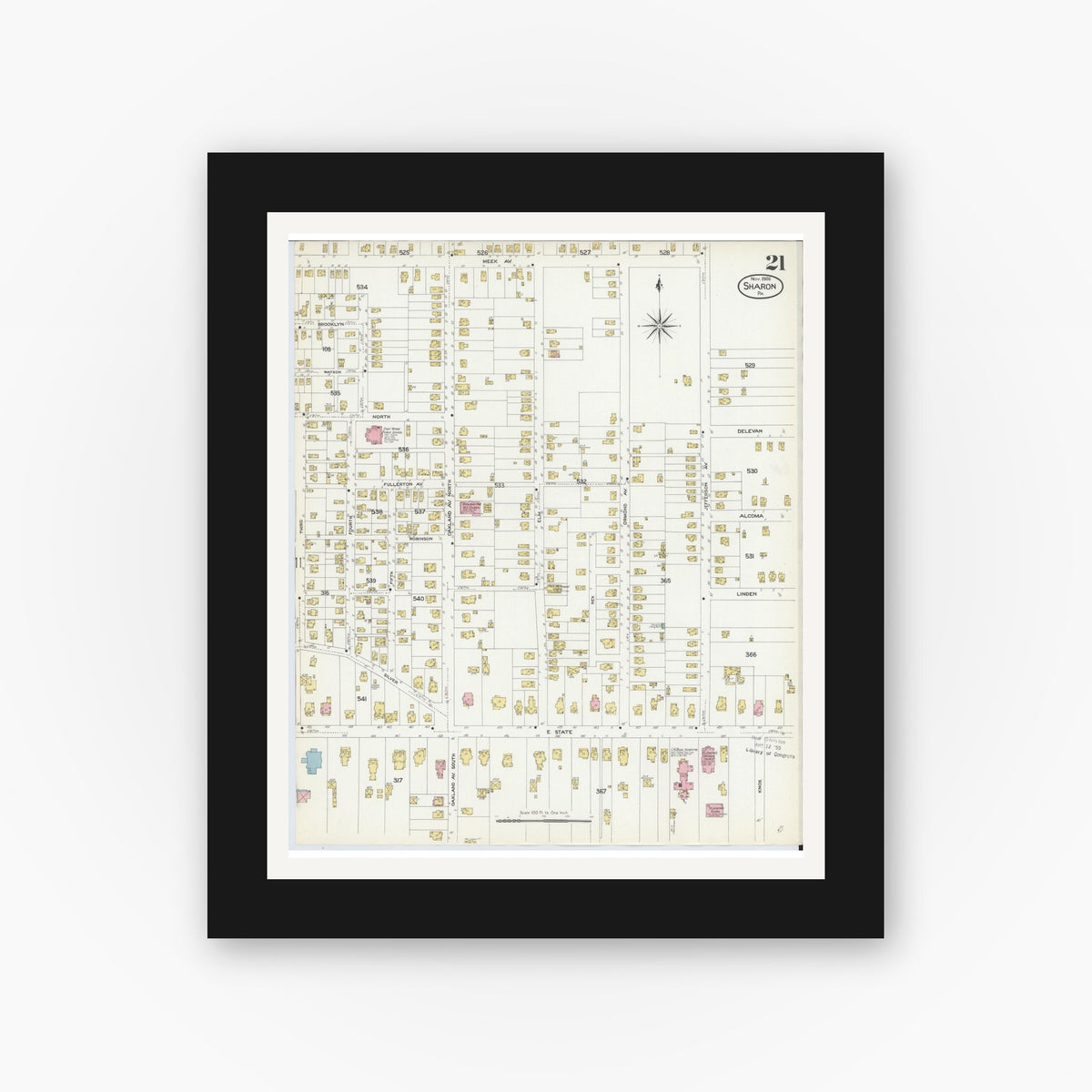Old map wall art mockup β black gallery frame with white mat β Sanborn Fire Insurance Map from Sharon, Mercer County, Pennsylvania (1908), Sheet #0021