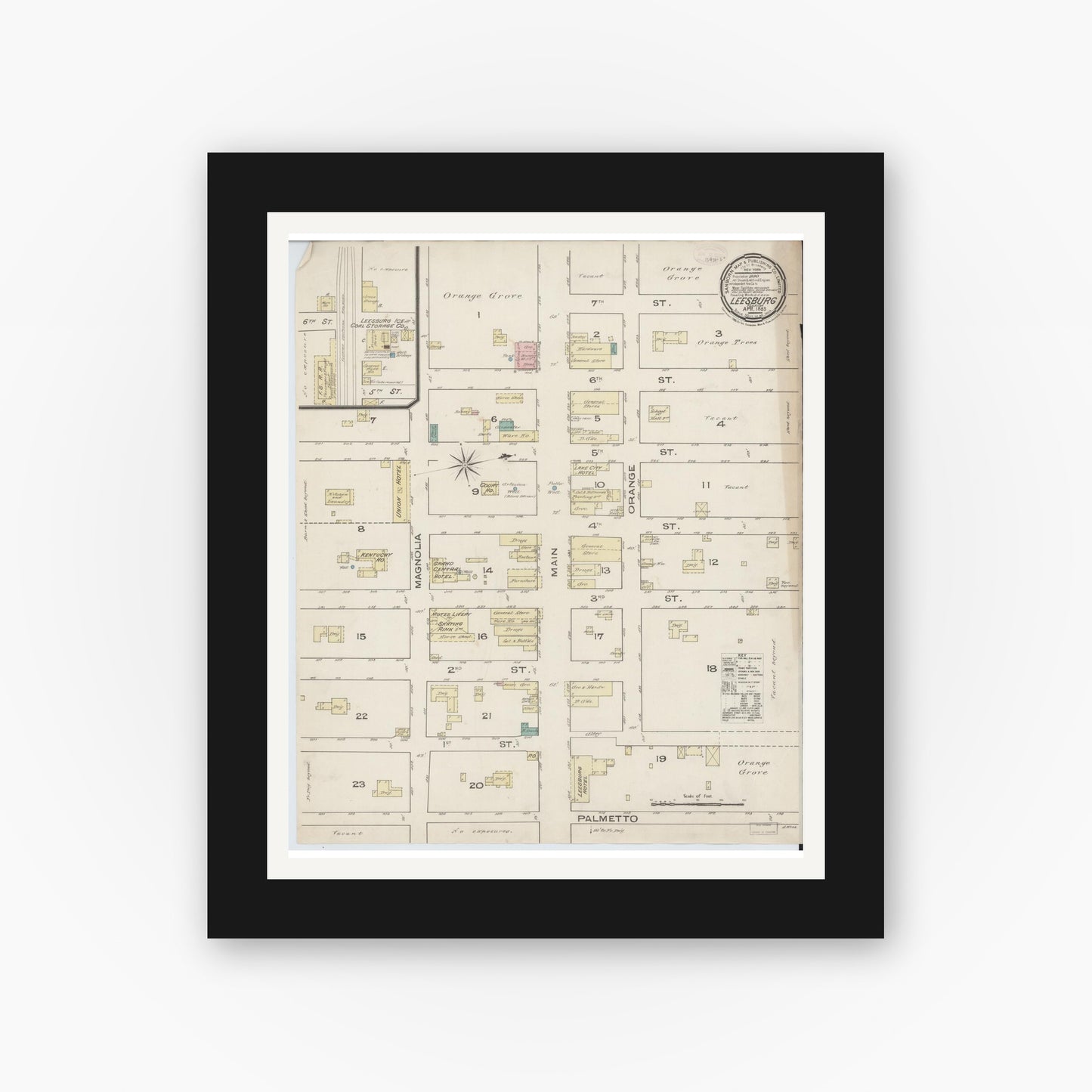 Old map wall art mockup — black gallery frame with white mat — Sanborn Fire Insurance Map from Leesburg, Lake County, Florida (1885), Sheet #0001