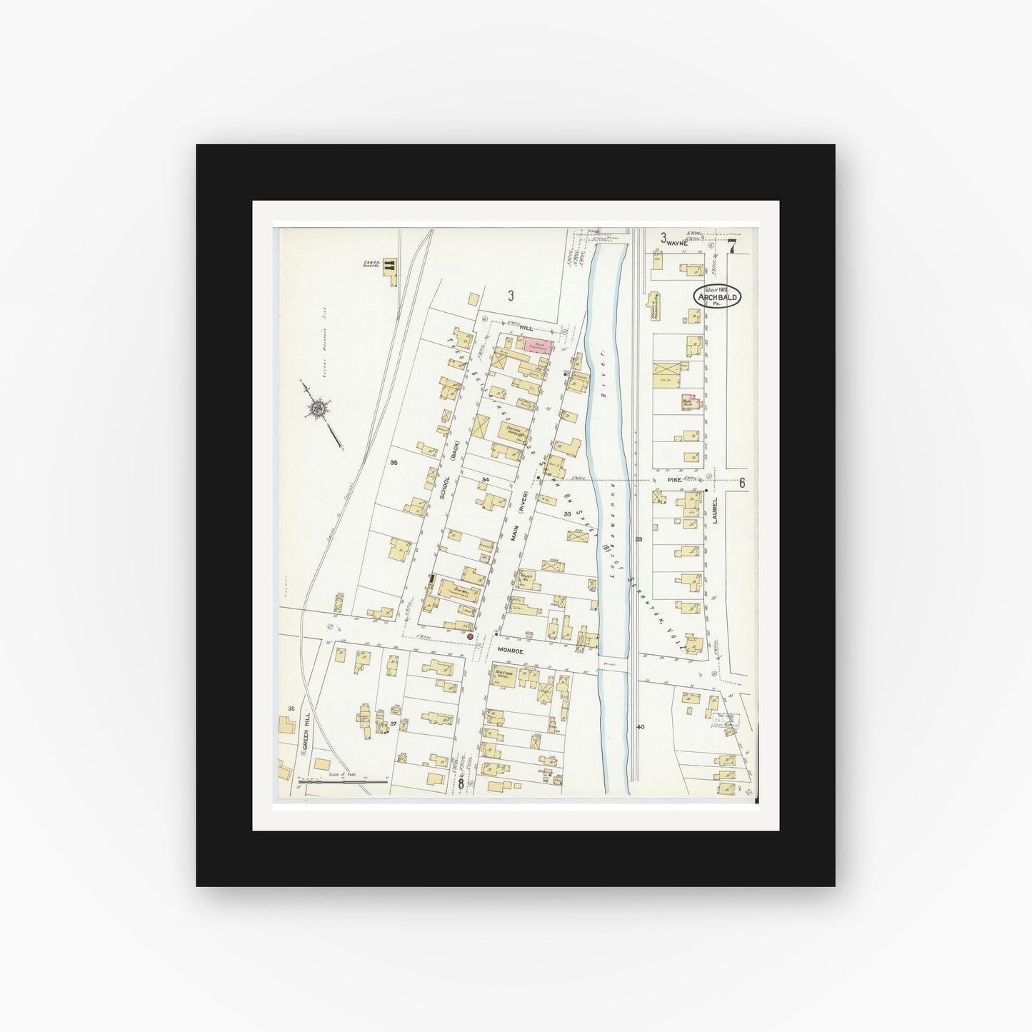 Old map wall art mockup — black gallery frame with white mat — Sanborn Fire Insurance Map from Archbald, Lackawanna County, Pennsylvania (1912), Sheet #0007