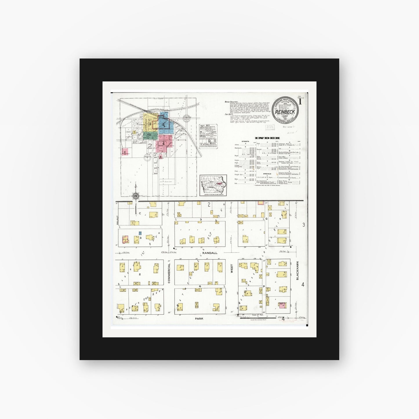 Old map wall art mockup β black gallery frame with white mat β Sanborn Fire Insurance Map from Reinbeck, Grundy County, Iowa (1921), Sheet #0001