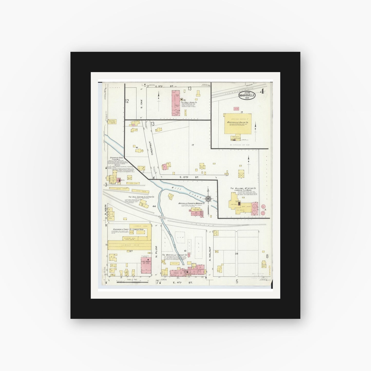 Old map wall art mockup — black gallery frame with white mat — Sanborn Fire Insurance Map from Marysville, Union County, Ohio (1916), Sheet #0004