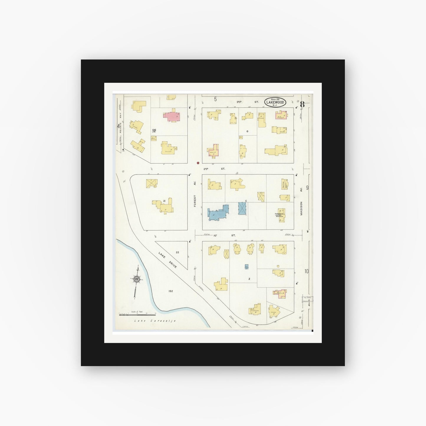 Old map wall art mockup — black gallery frame with white mat — Sanborn Fire Insurance Map from Lakewood, Ocean County, New Jersey (1916), Sheet #0008