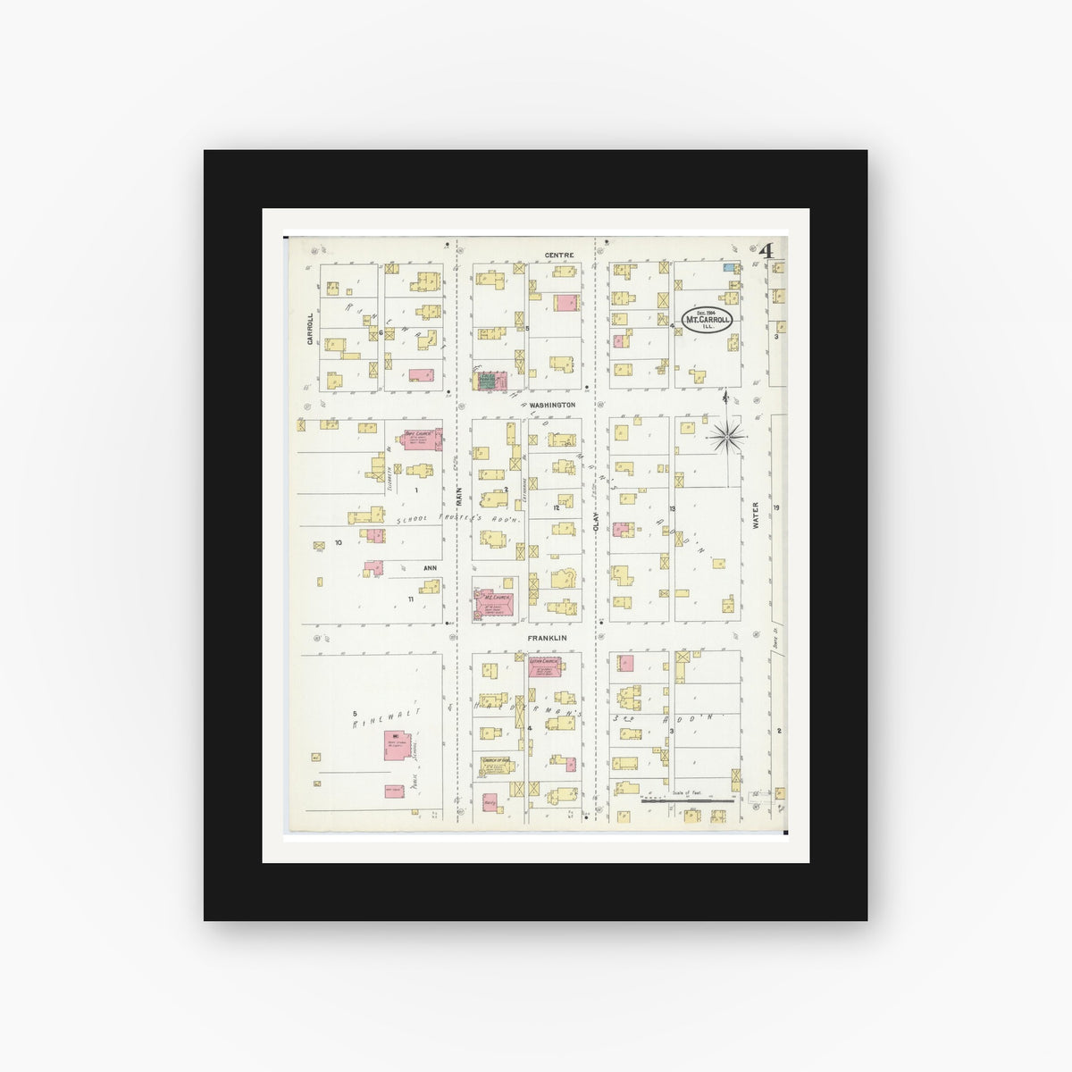 Old map wall art mockup — black gallery frame with white mat — Sanborn Fire Insurance Map from Mount Carroll, Carroll County, Illinois (1904), Sheet #0004