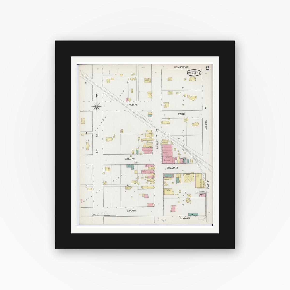 Old map wall art mockup — black gallery frame with white mat — Sanborn Fire Insurance Map from Wyoming, Stark County, Illinois (1893), Sheet #0002