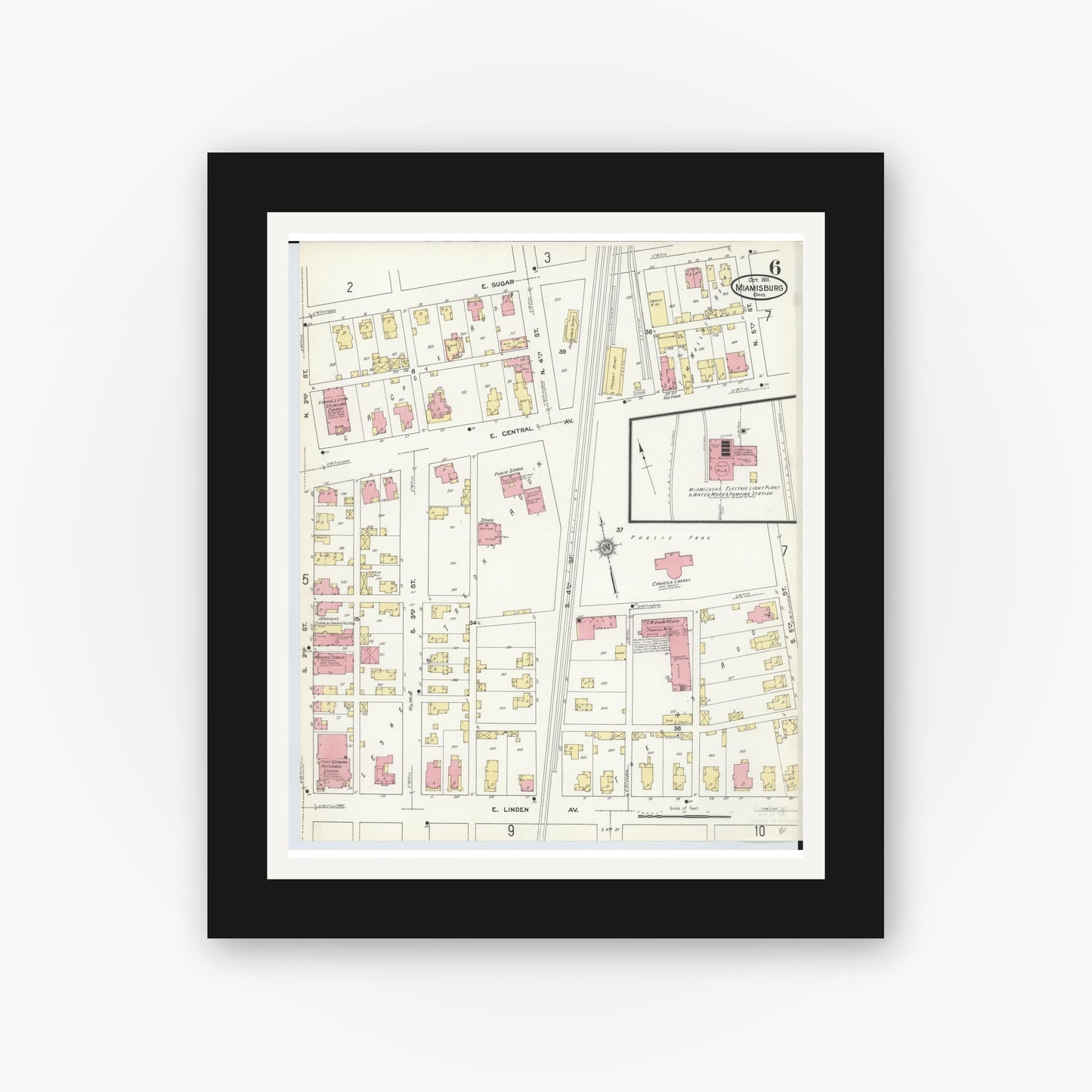 Old map wall art mockup — black gallery frame with white mat — Sanborn Fire Insurance Map from Miamisburg, Montgomery County, Ohio (1911), Sheet #0006