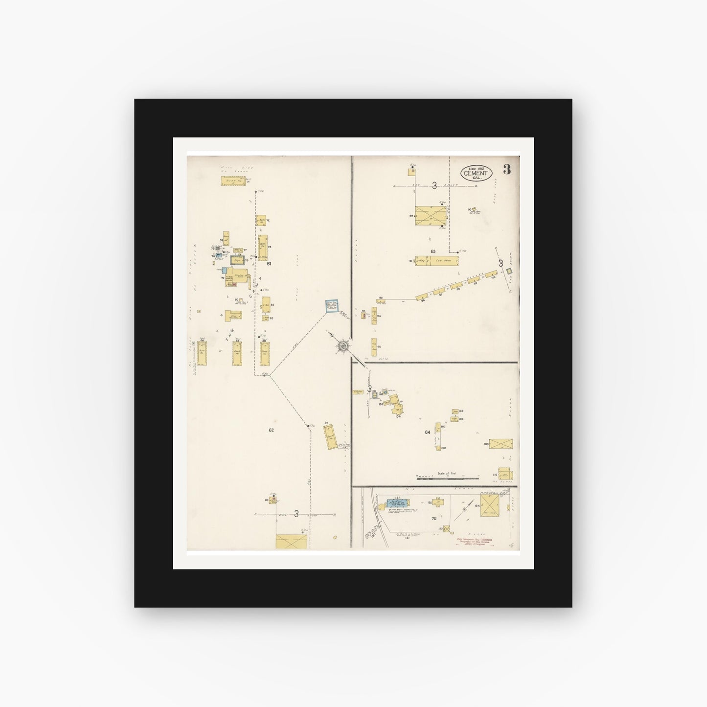 Old map wall art mockup — black gallery frame with white mat — Sanborn Fire Insurance Map from Cement, Solano County, California (1912), Sheet #0003