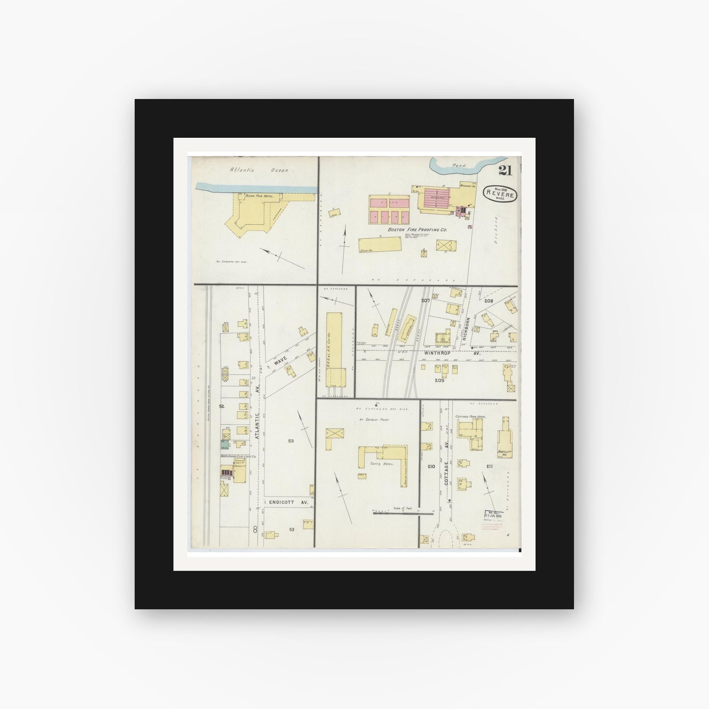 Old map wall art mockup — black gallery frame with white mat — Sanborn Fire Insurance Map from Revere, Suffolk County, Massachusetts (1896), Sheet #0021