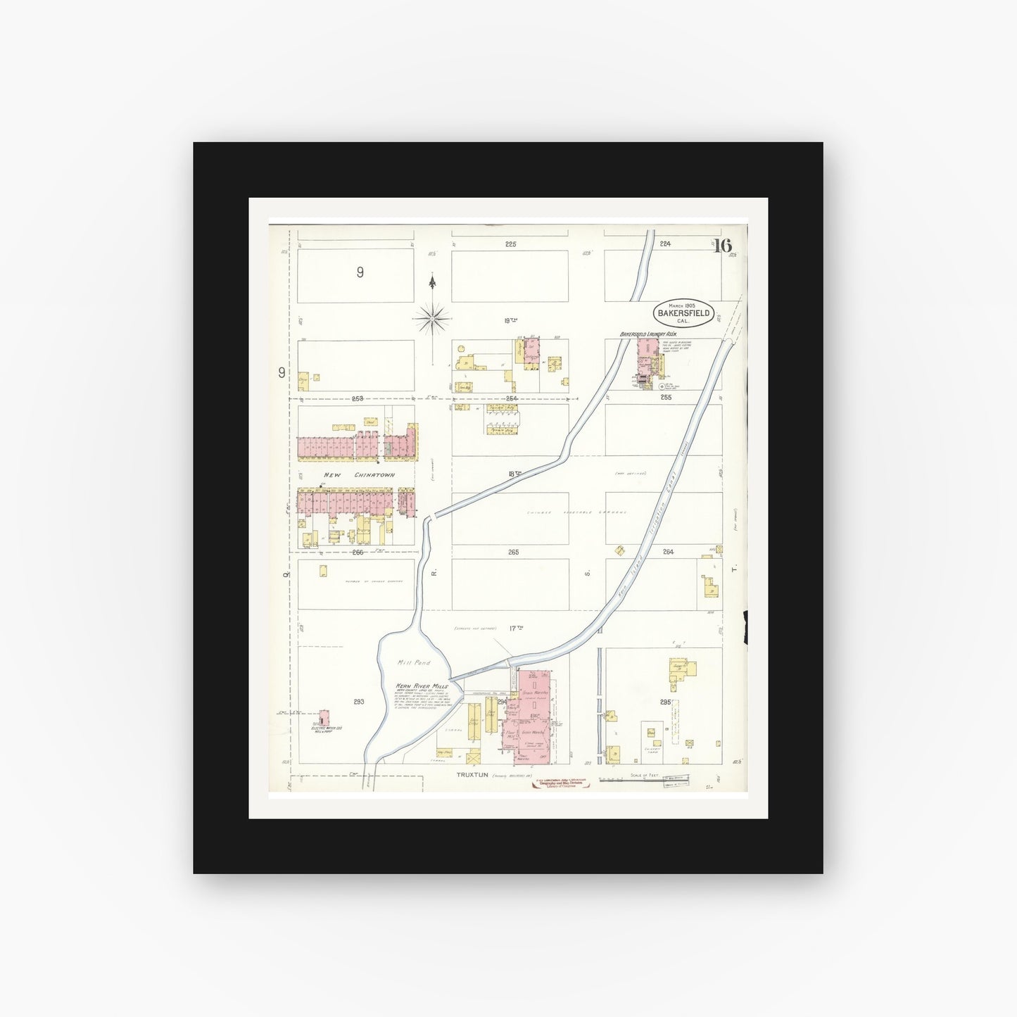 Old map wall art mockup — black gallery frame with white mat — Sanborn Fire Insurance Map from Bakersfield, Kern County, California (1905), Sheet #0016