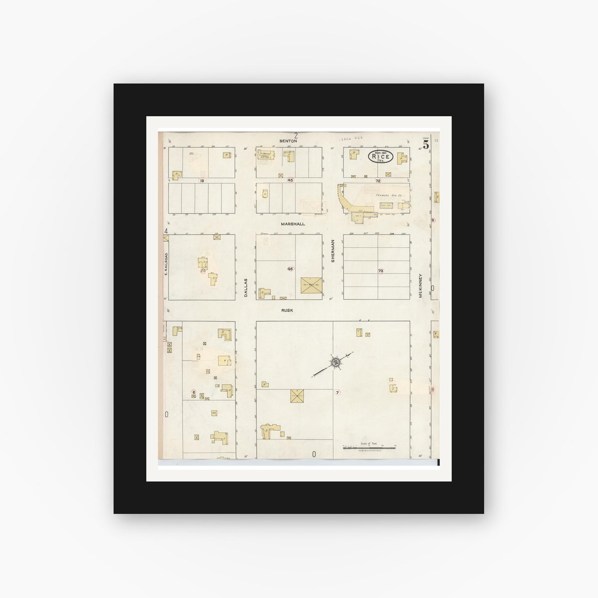 Old map wall art mockup — black gallery frame with white mat — Sanborn Fire Insurance Map from Rice, Navarro County, Texas (1935), Sheet #0005