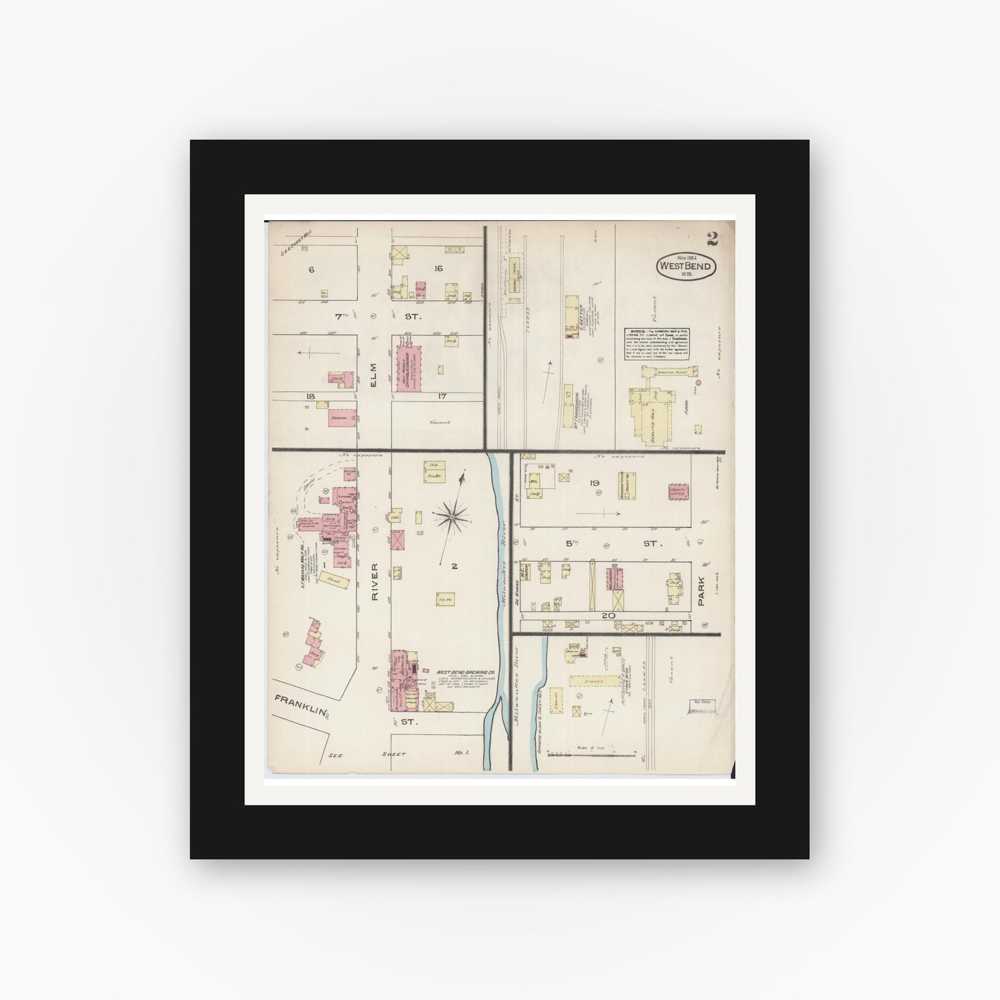 Old map wall art mockup — black gallery frame with white mat — Sanborn Fire Insurance Map from West Bend, Washington County, Wisconsin (1884), Sheet #0002