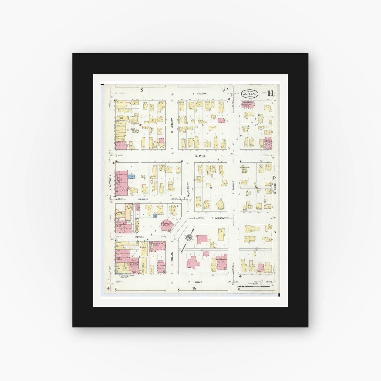 Old map wall art mockup — black gallery frame with white mat — Sanborn Fire Insurance Map from Cadillac, Wexford County, Michigan (1914), Sheet #0011