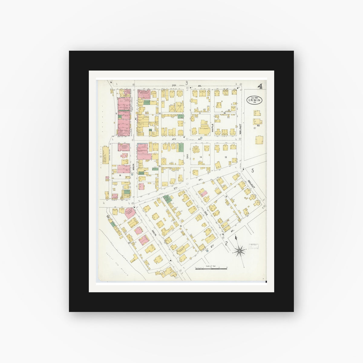 Old map wall art mockup — black gallery frame with white mat — Sanborn Fire Insurance Map from Irwin, Westmoreland County, Pennsylvania (1904), Sheet #0004