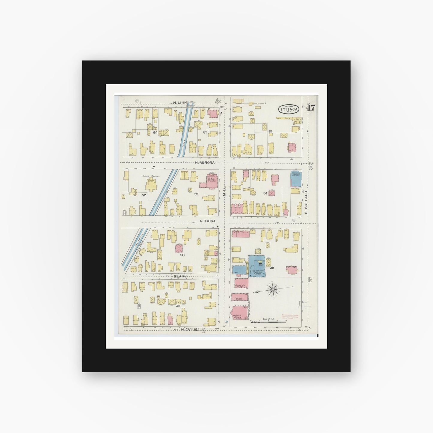 Old map wall art mockup — black gallery frame with white mat — Sanborn Fire Insurance Map from Ithaca, Tompkins County, New York (1893), Sheet #0017