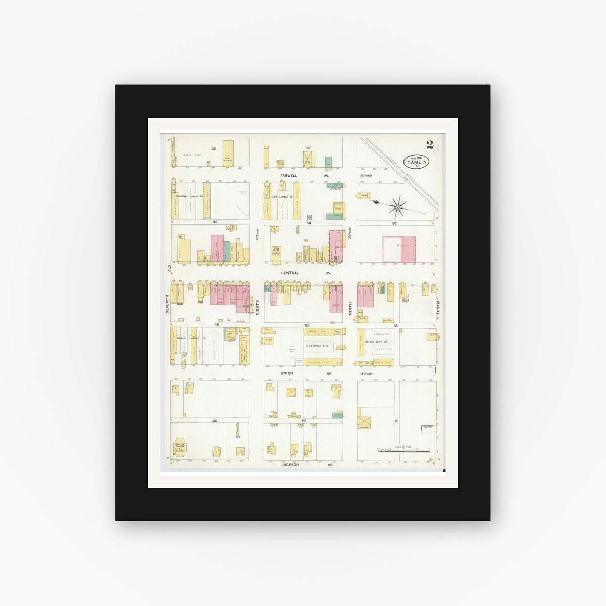 Old map wall art mockup — black gallery frame with white mat — Sanborn Fire Insurance Map from Hamlin, Jones County, Texas (1908), Sheet #0002