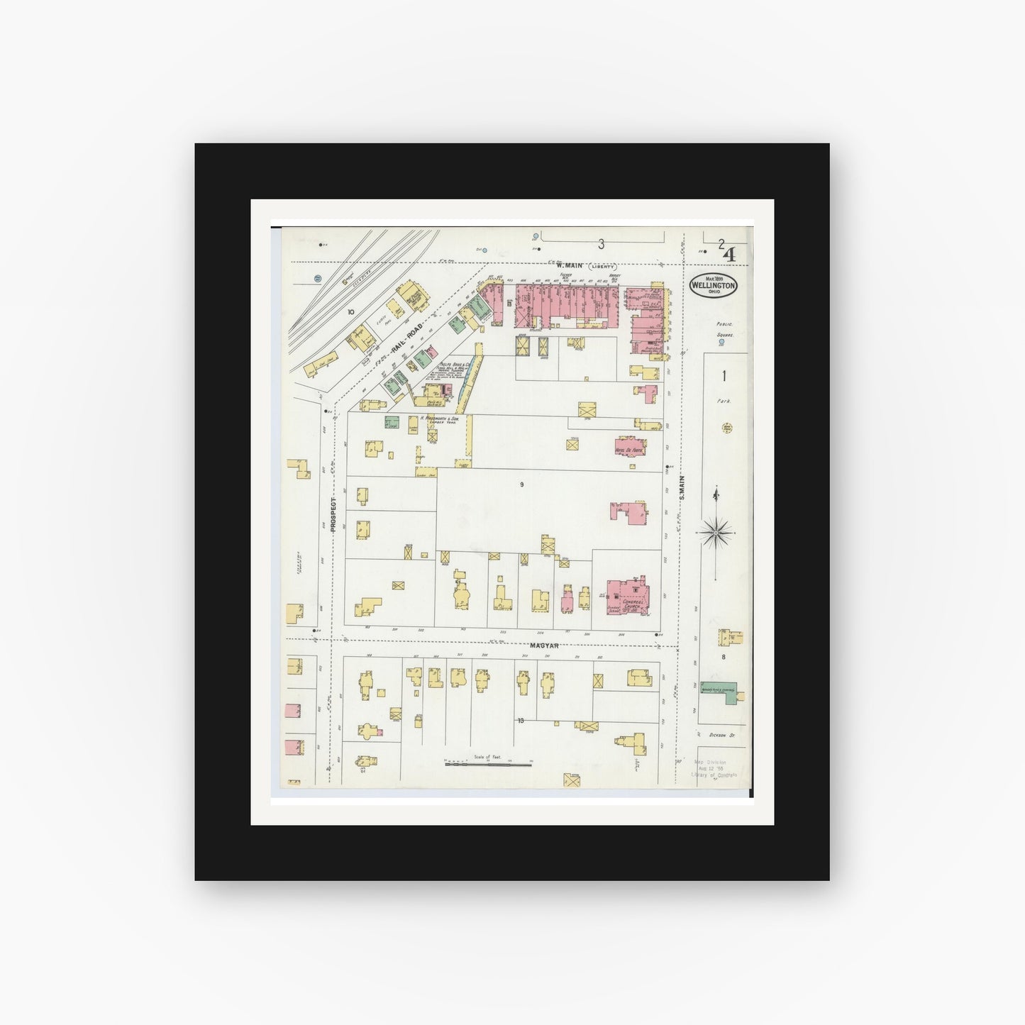 Old map wall art mockup — black gallery frame with white mat — Sanborn Fire Insurance Map from Wellington, Lorain County, Ohio (1899), Sheet #0004