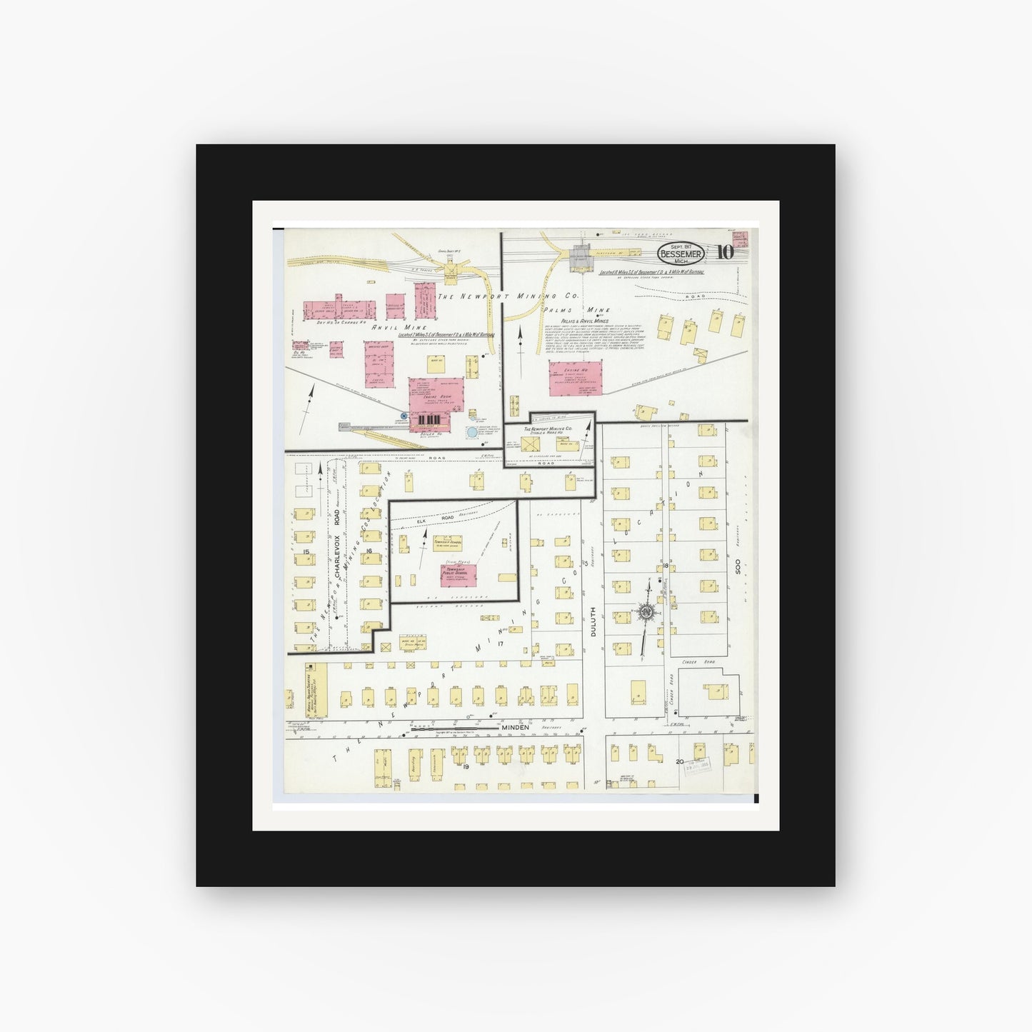 Old map wall art mockup — black gallery frame with white mat — Sanborn Fire Insurance Map from Bessemer, Gogebic County, Michigan (1917), Sheet #0010