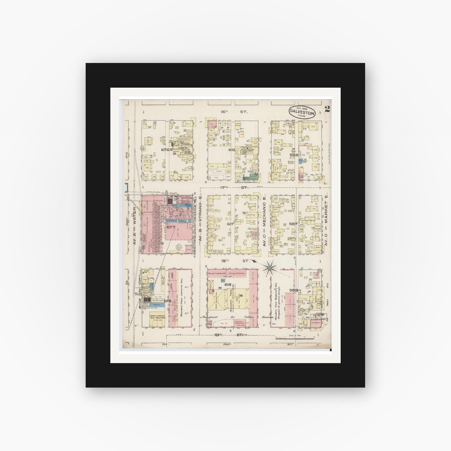 Old map wall art mockup — black gallery frame with white mat — Sanborn Fire Insurance Map from Galveston, Galveston County, Texas (1885), Sheet #0002