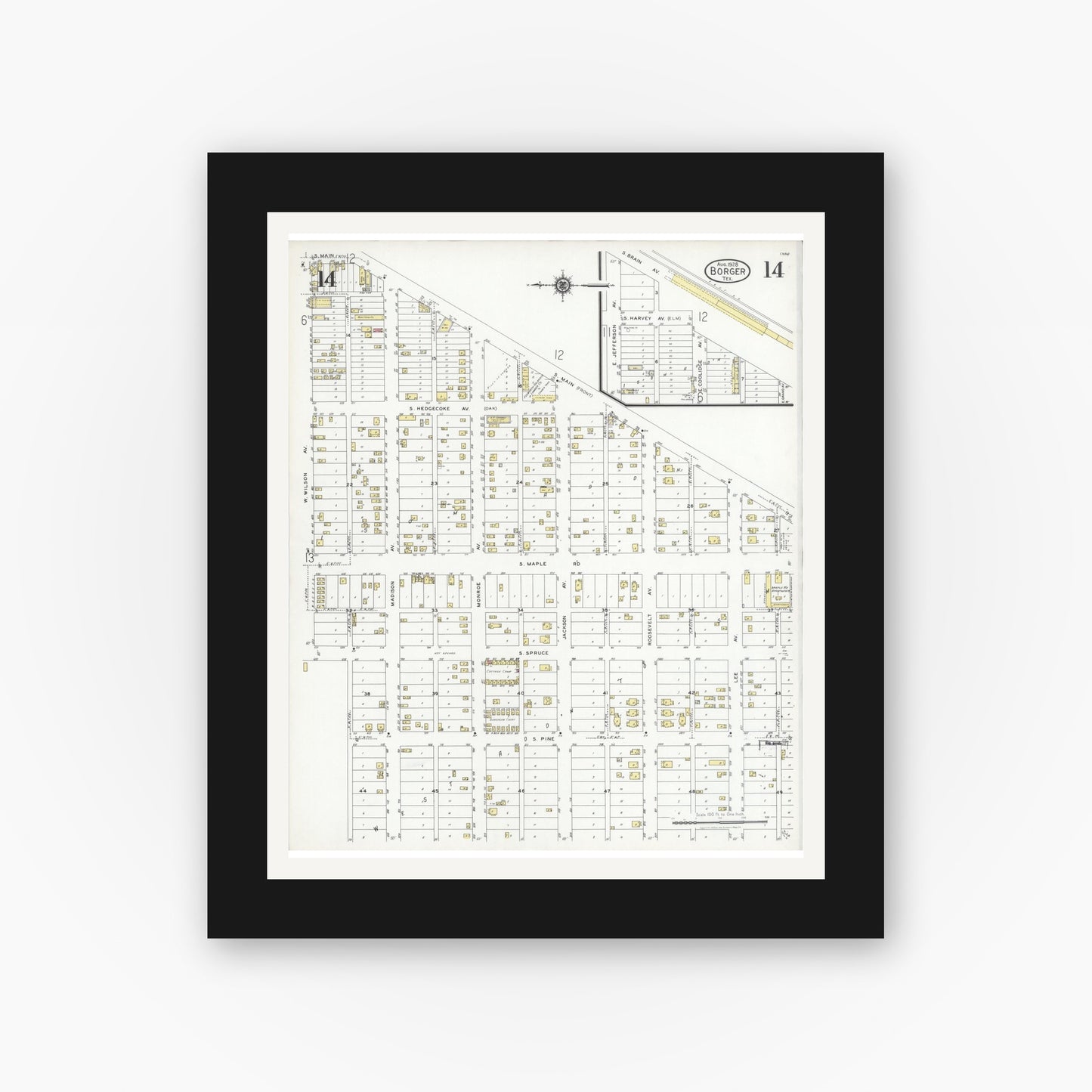 Old map wall art mockup — black gallery frame with white mat — Sanborn Fire Insurance Map from Borger, Hutchinson County, Texas (1928), Sheet #0014