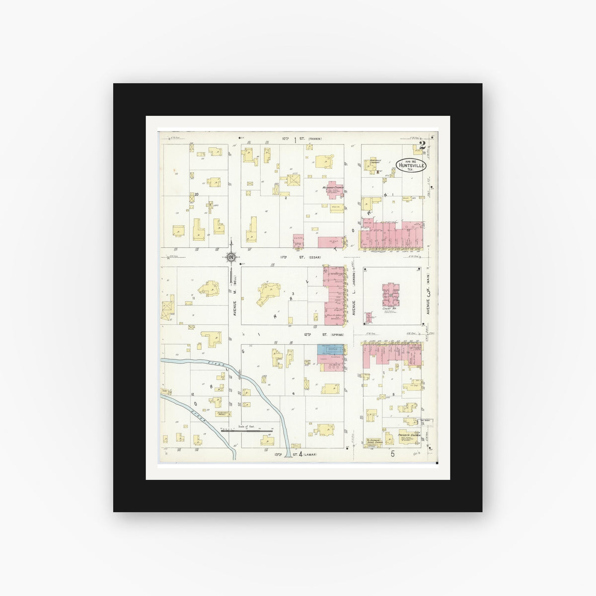 Old map wall art mockup — black gallery frame with white mat — Sanborn Fire Insurance Map from Huntsville, Walker County, Texas (1912), Sheet #0002