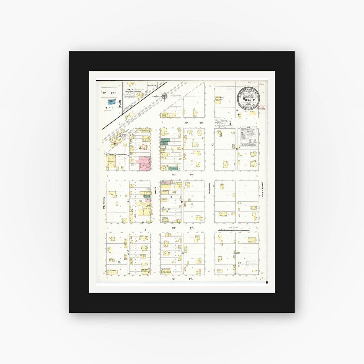 Old map wall art mockup — black gallery frame with white mat — Sanborn Fire Insurance Map from Rippey, Greene County, Iowa (1909), Sheet #0001
