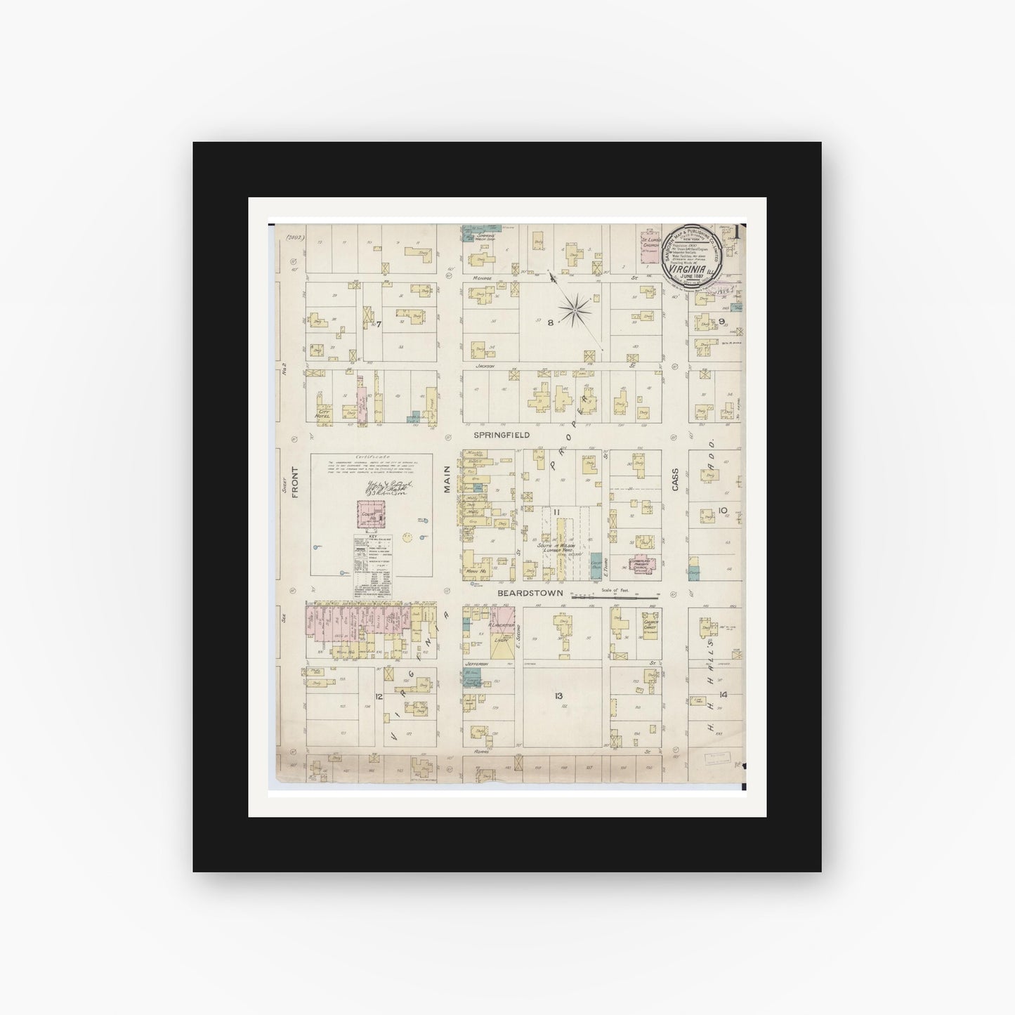 Old map wall art mockup — black gallery frame with white mat — Sanborn Fire Insurance Map from Virginia, Cass County, Illinois (1887) - Complete Map Set