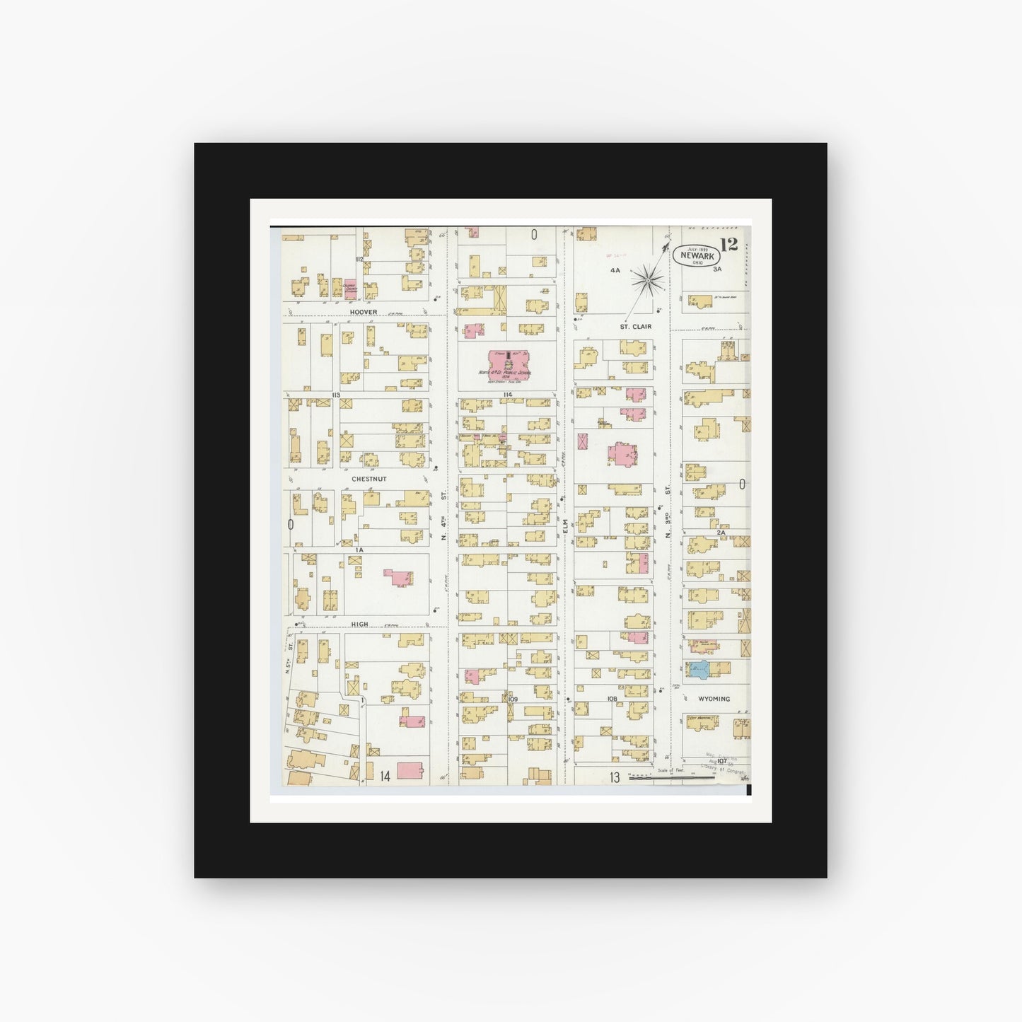 Old map wall art mockup — black gallery frame with white mat — Sanborn Fire Insurance Map from Newark, Licking County, Ohio (1899), Sheet #0012