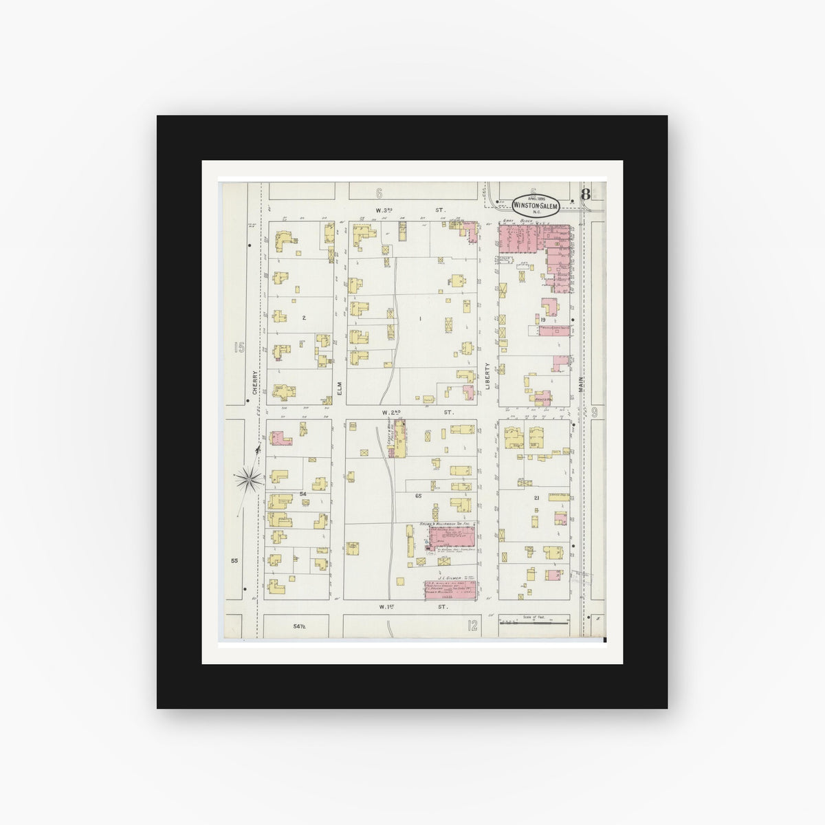 Old map wall art mockup β black gallery frame with white mat β Sanborn Fire Insurance Map from Winston-Salem, Forsyth County, North Carolina (1895), Sheet #0008