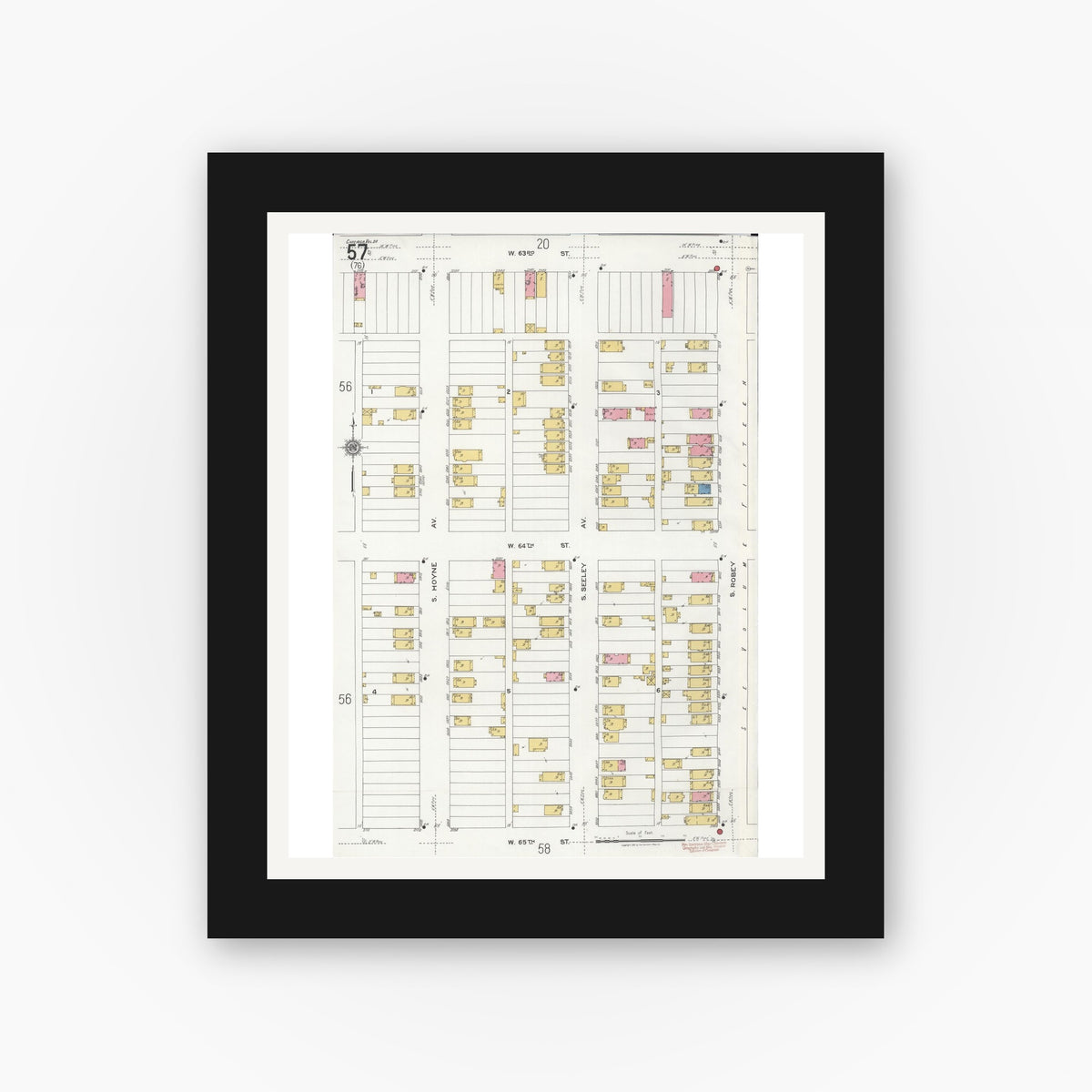 Old map wall art mockup — black gallery frame with white mat — Sanborn Fire Insurance Map from Chicago, Cook County, Illinois (1920), Sheet #0057