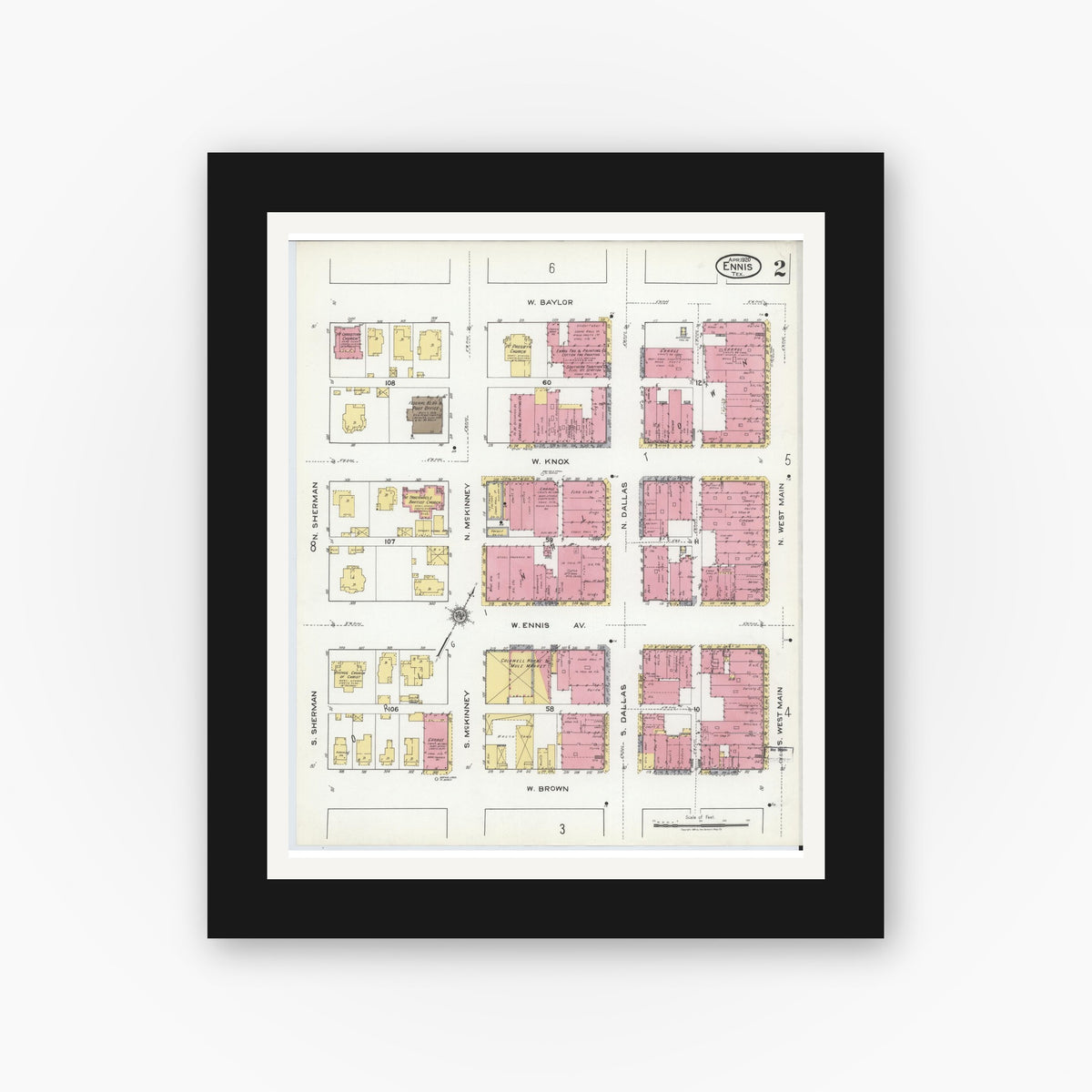 Old map wall art mockup — black gallery frame with white mat — Sanborn Fire Insurance Map from Ennis, Ellis County, Texas (1920), Sheet #0002