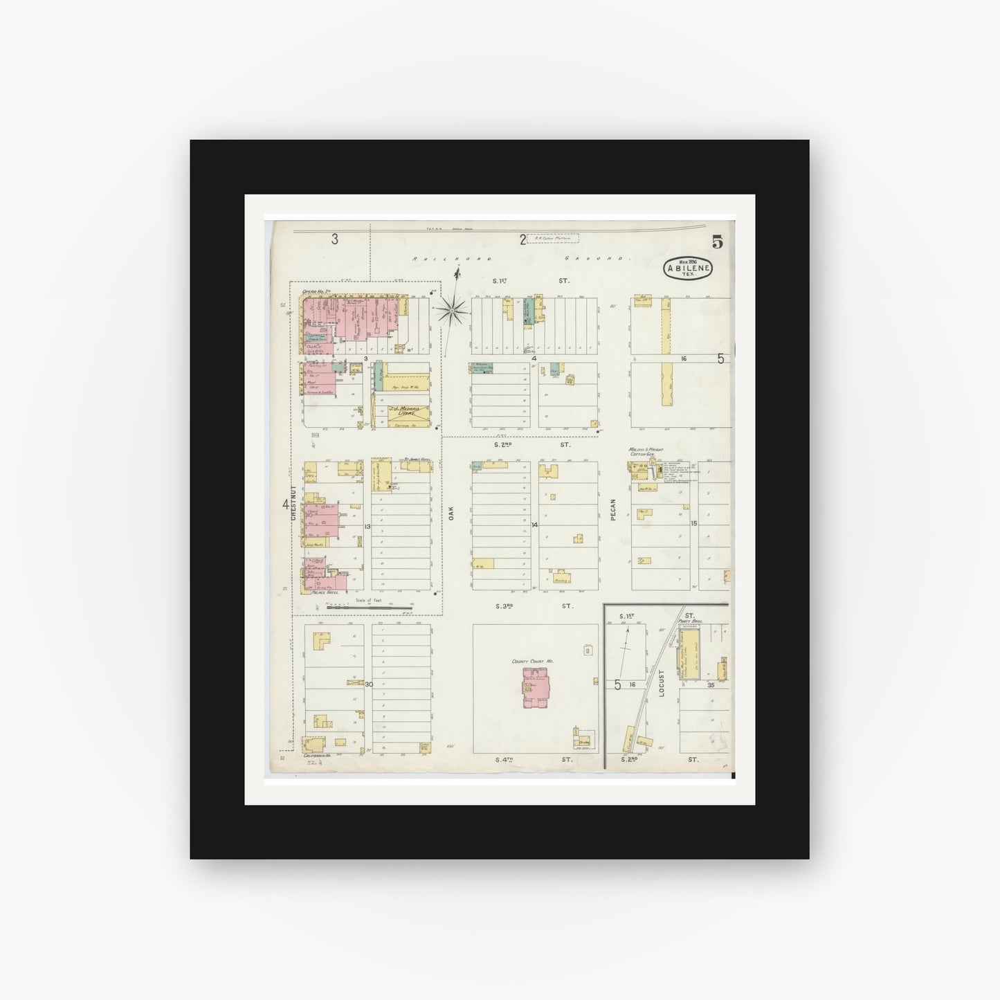 Old map wall art mockup — black gallery frame with white mat — Sanborn Fire Insurance Map from Abilene, Taylor County, Texas (1896), Sheet #0005